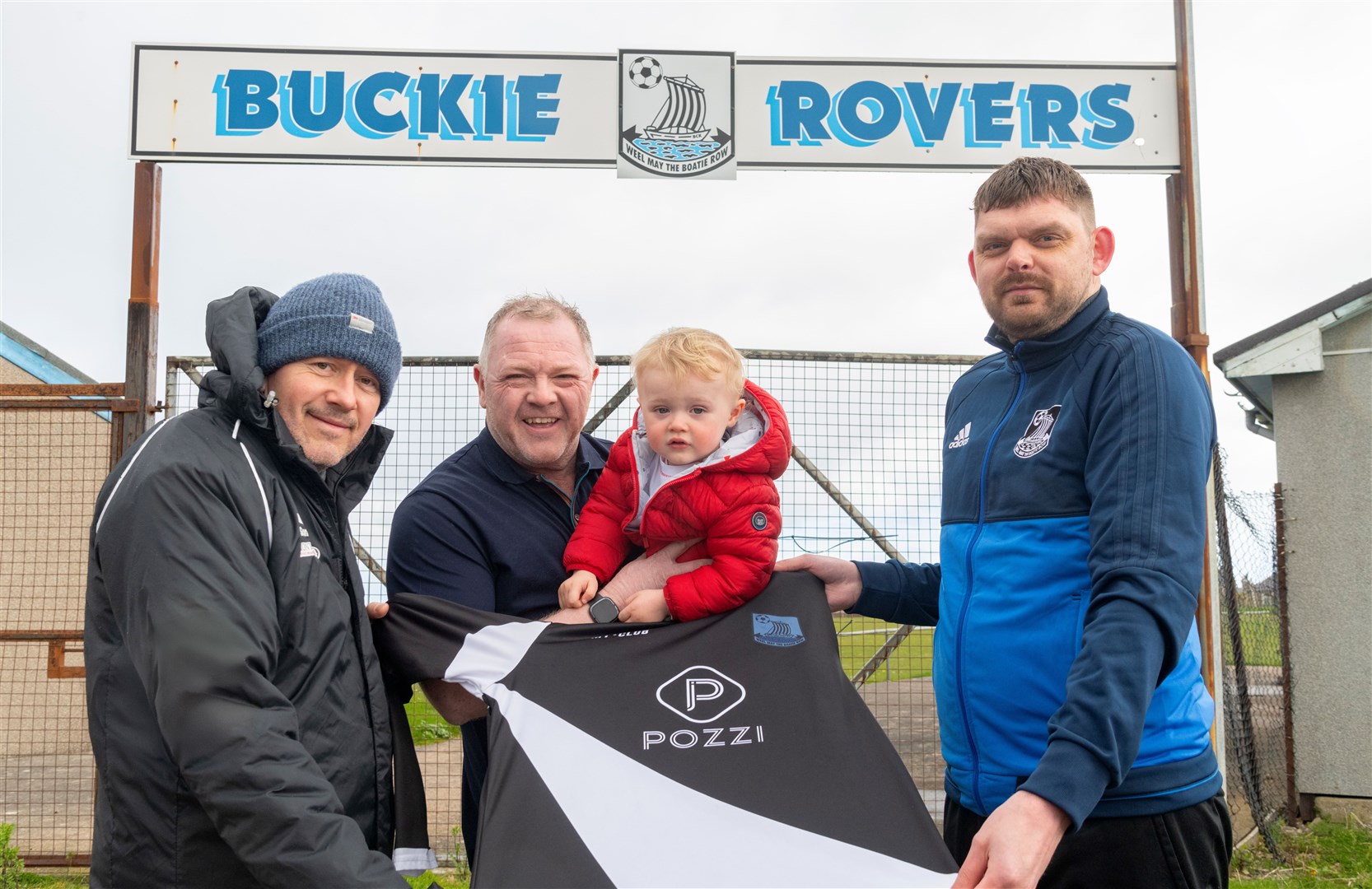 The Rovers return… (from left) club chairman Mike Coull, shirt sponsor David Robertson and his son Hudson Robertson and manager Neil Mair. Picture: Beth Taylor