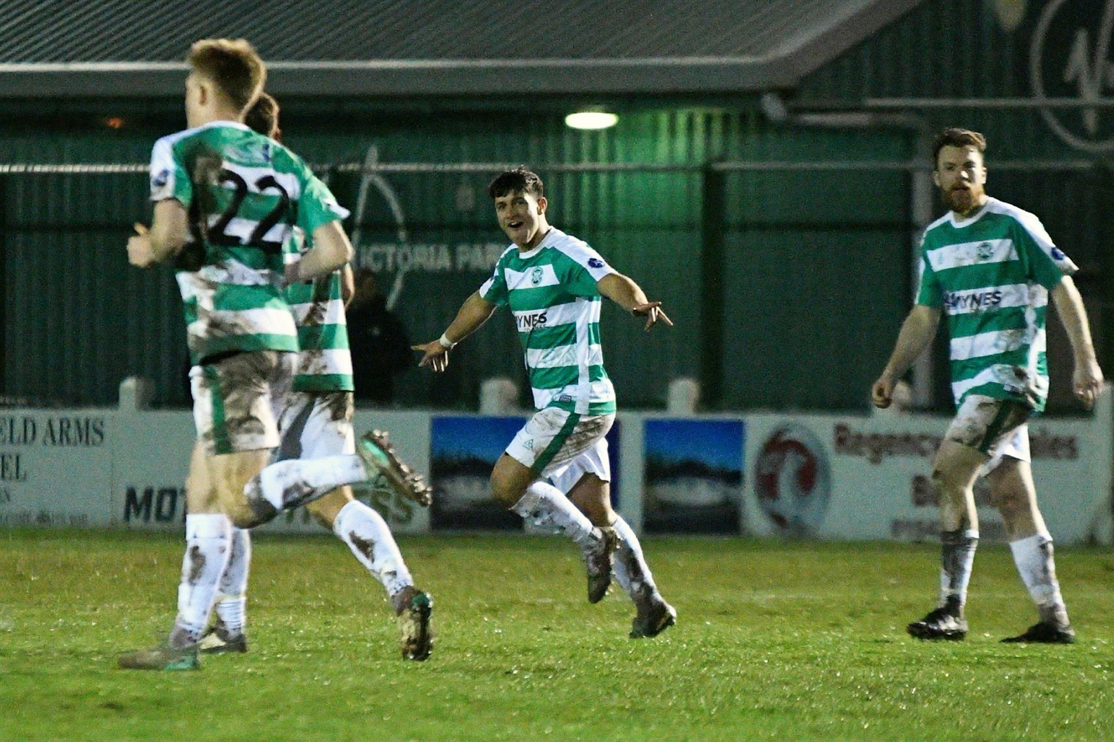 Max Barry (centre) celebrates his equalising goal in Buckie's 2-1 win over Brechin. Picture: Daniel Forsyth