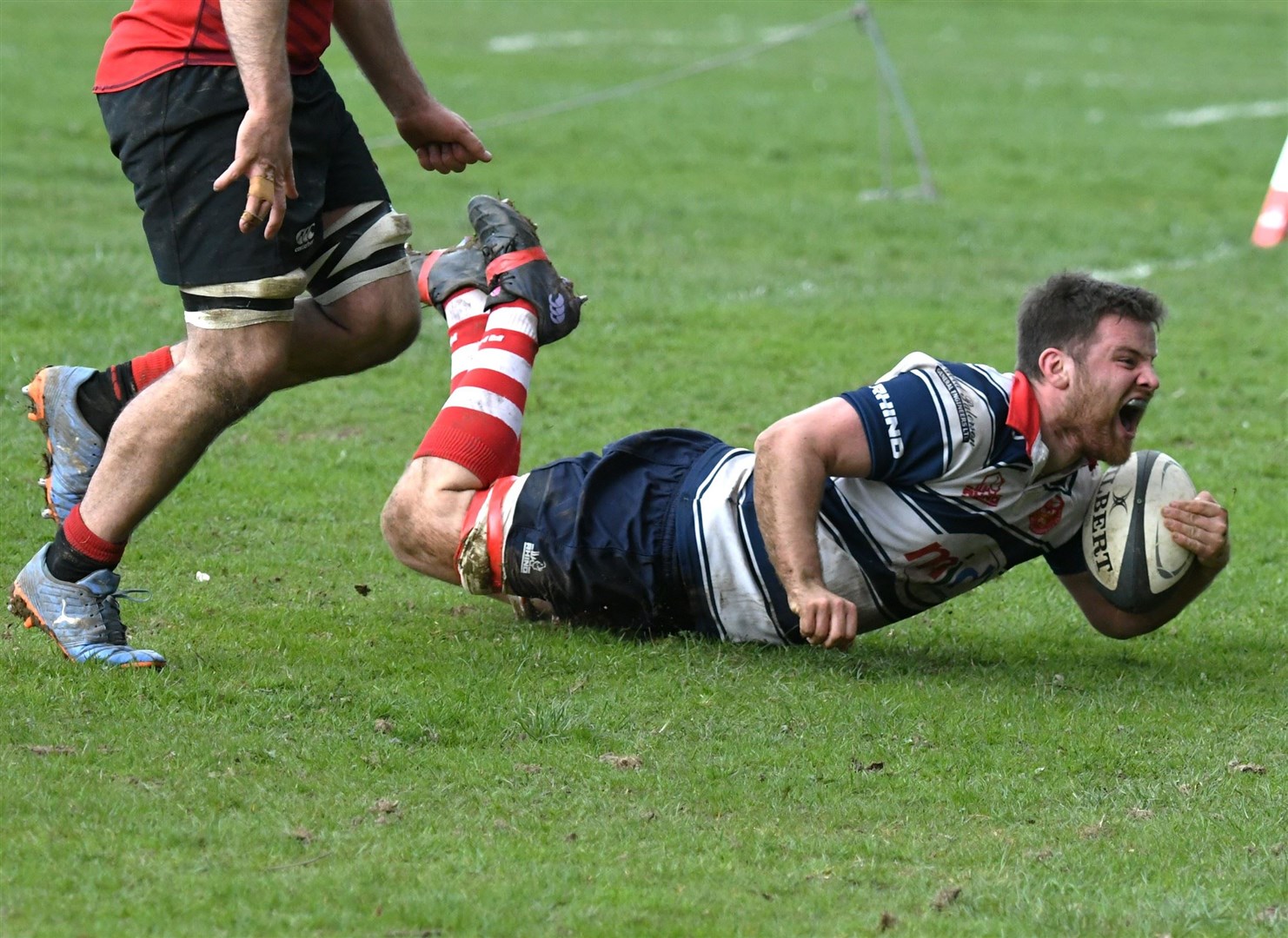 A delighted Neil Alexander goes over for the fourth Moray try of the day. Picture: James Officer