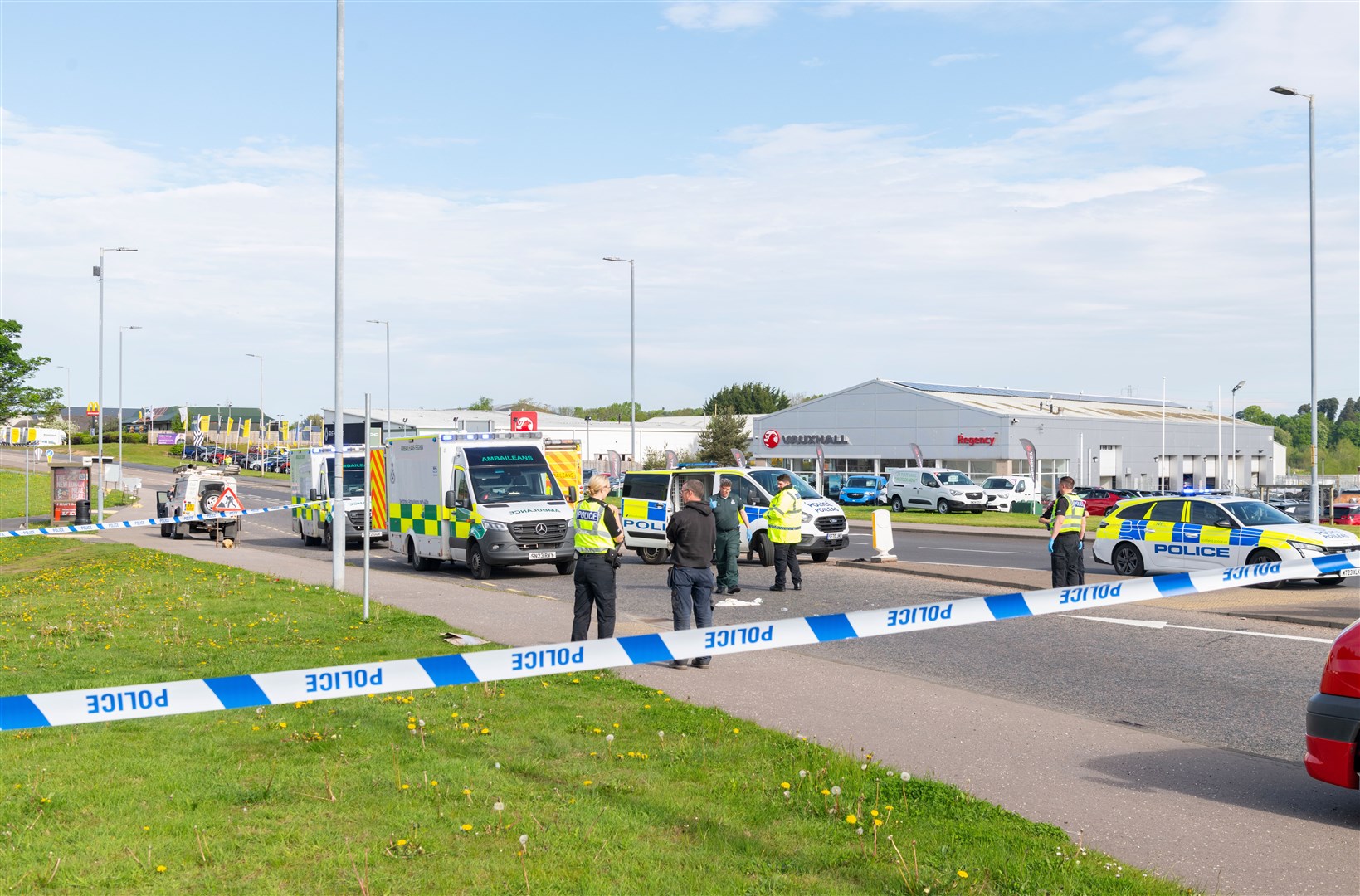 Emergency services on the A96 in Elgin between East Road and Reiket Lane roundabout early on Friday, May 10.