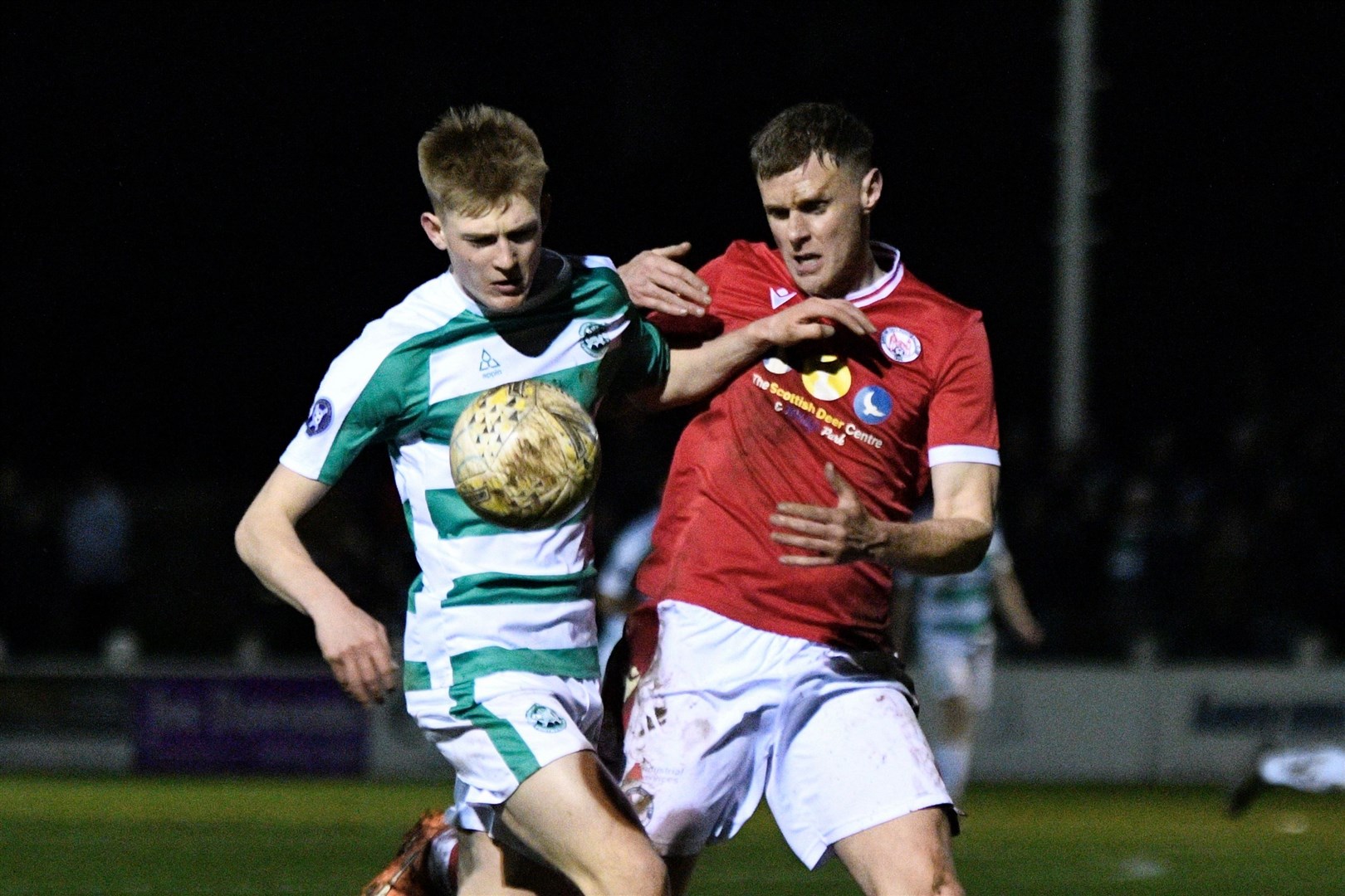 A contest for possession between Brechin's Kevin McHattie and Buckie's Lyall Keir. Picture: Daniel Forsyth