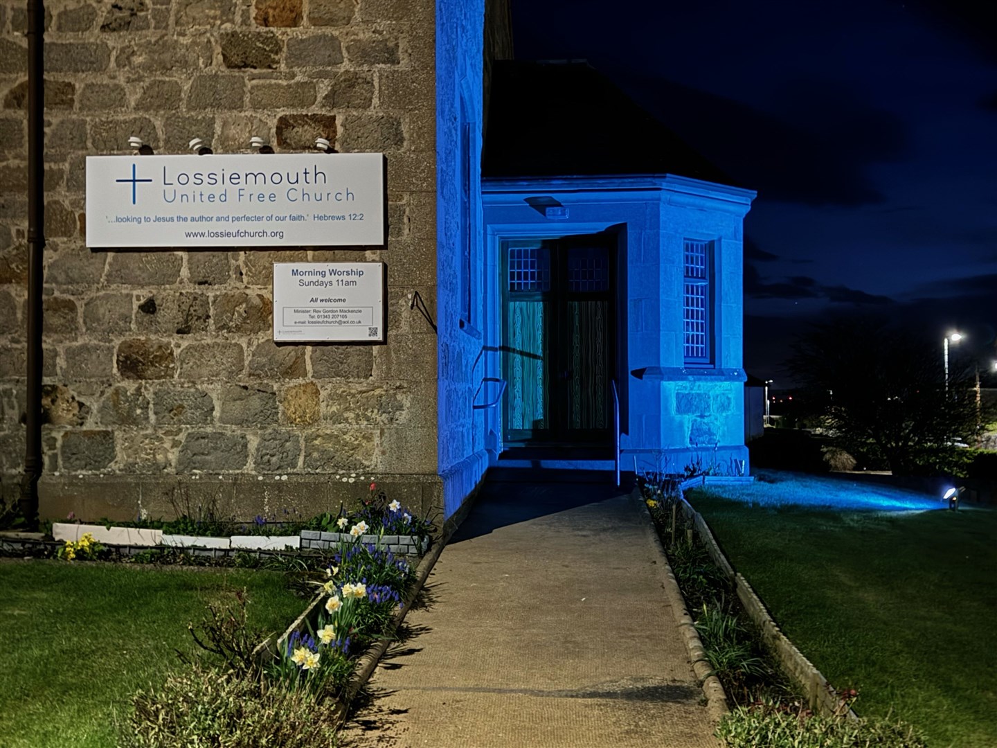 Lossiemouth's United Free Church supporting World Parkinson's Day by being lit up in blue...Picture: David Morgan