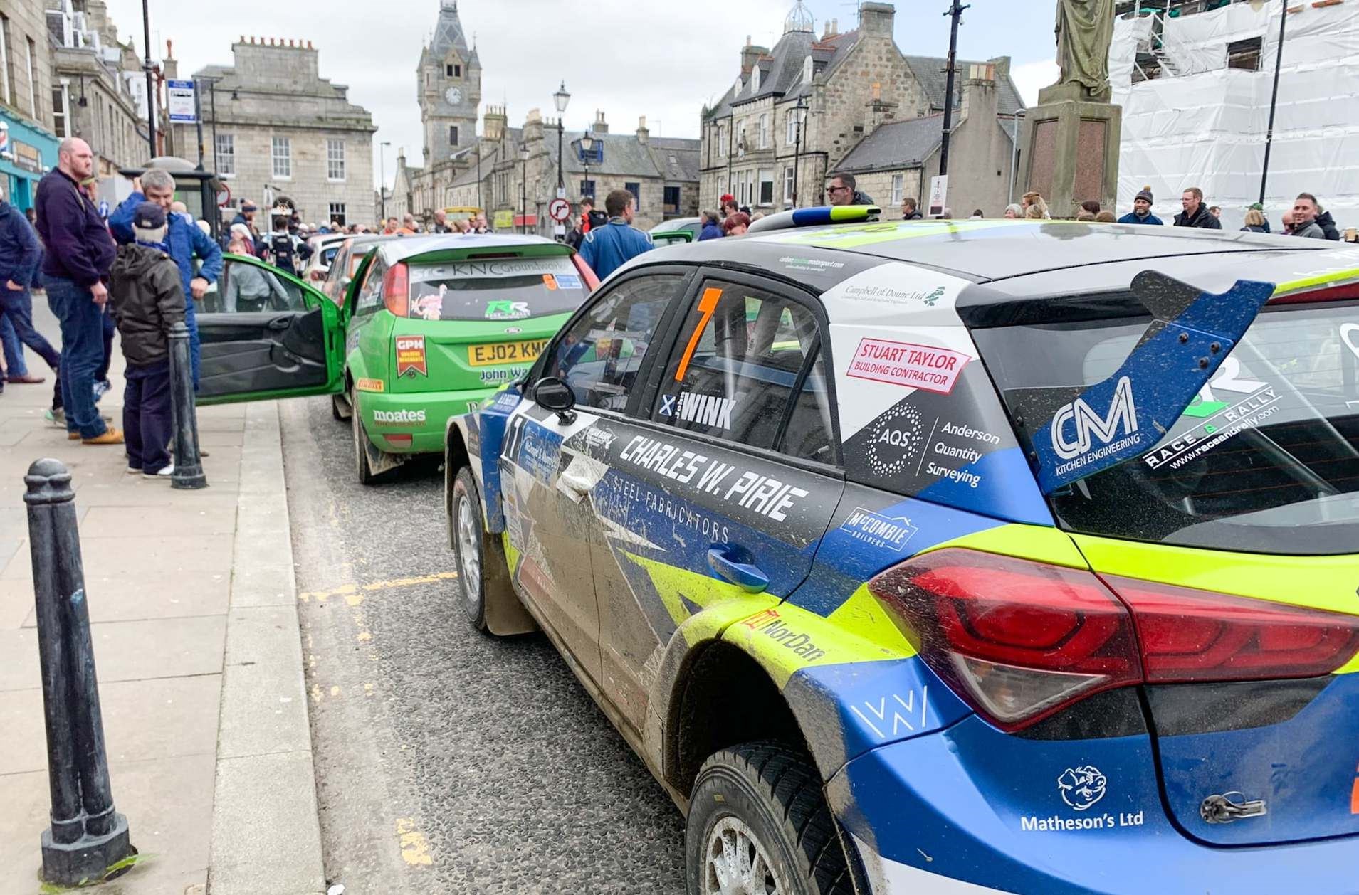 Home favourite John Wink's car parked in The Square at Huntly during the 2023 Speyside Stages.