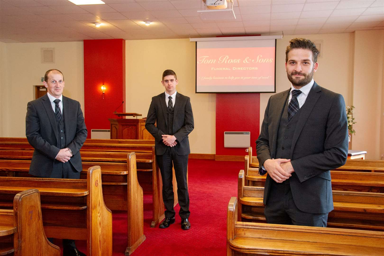 Left to Right: William Barron, Matthew Brown, Callum Ross. ..Tom Ross & Sons Funeral Directors have started to stream their funeral services online as part of the changing nature of funerals amid the coronavirus crisis. ..Picture: Daniel Forsyth..