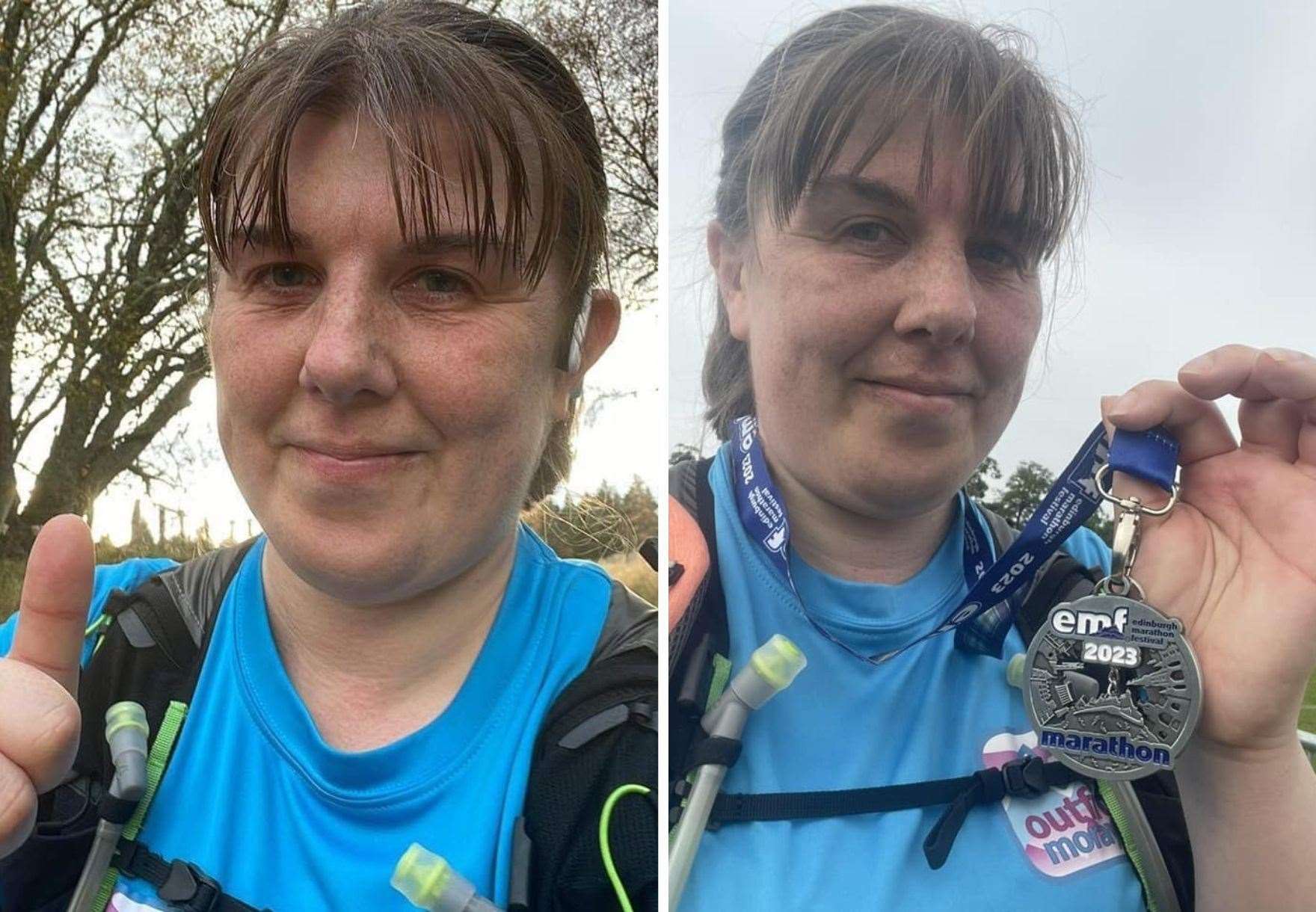 Emma taking part in the Speyside Way 50k (left) and with her medal for finishing the Edinburgh Marathon (right).