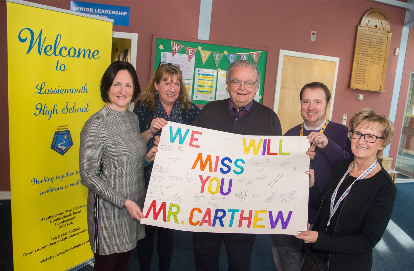 Donnie Carthew with his guidance team (from left) Debbie Russell, Melanie Reed and Finn Mackie, and headteacher Janice Simpson as he bows out from teaching at Lossiemouth High School after 33 years. Picture: Becky Saunderson.