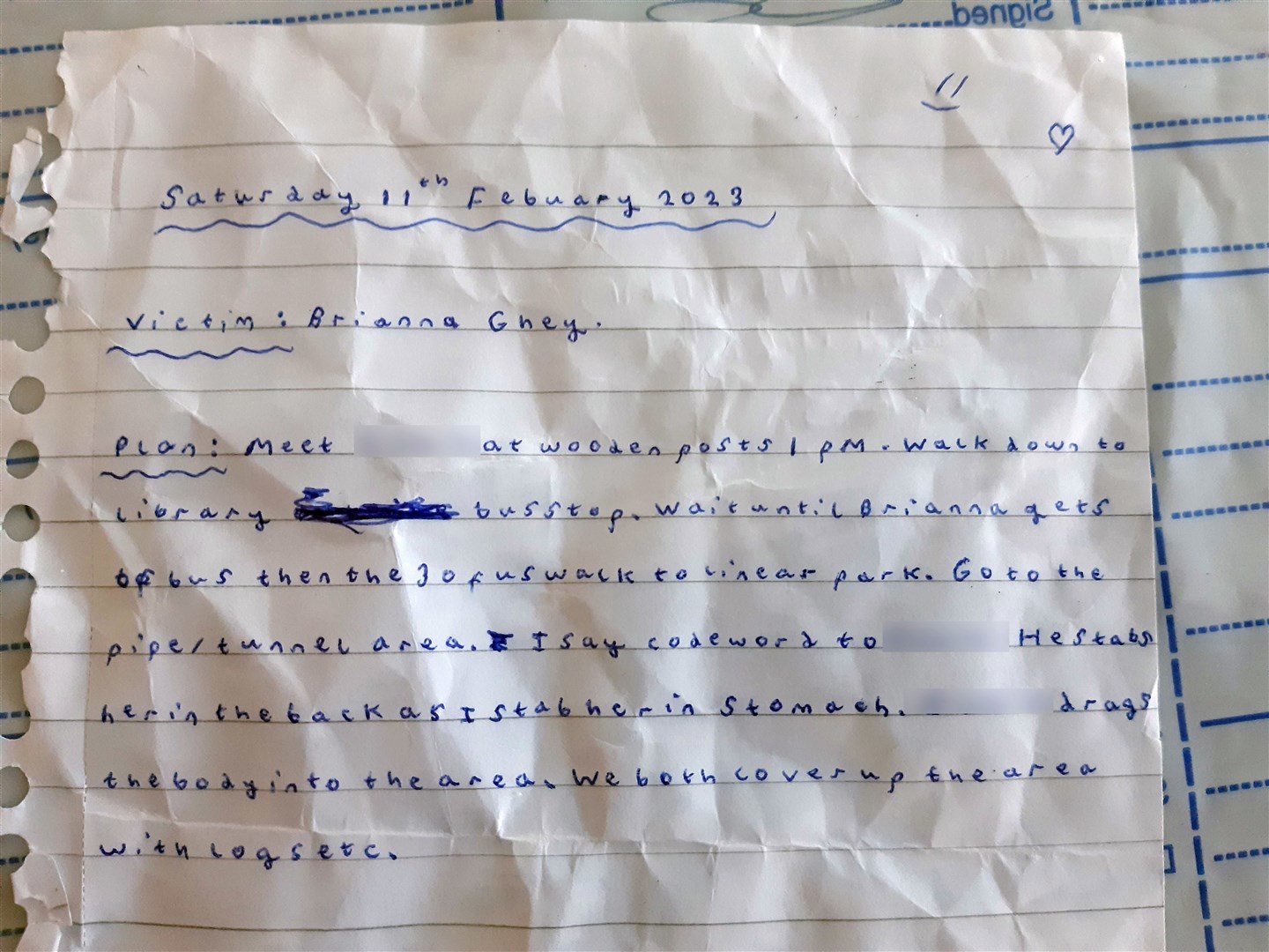 A crumpled, hand-written note of an alleged ‘murder plan’ to kill Brianna Ghey, which was found on the bedroom floor of girl X and was shown to the jury at Manchester Crown Court (Cheshire Police/PA)