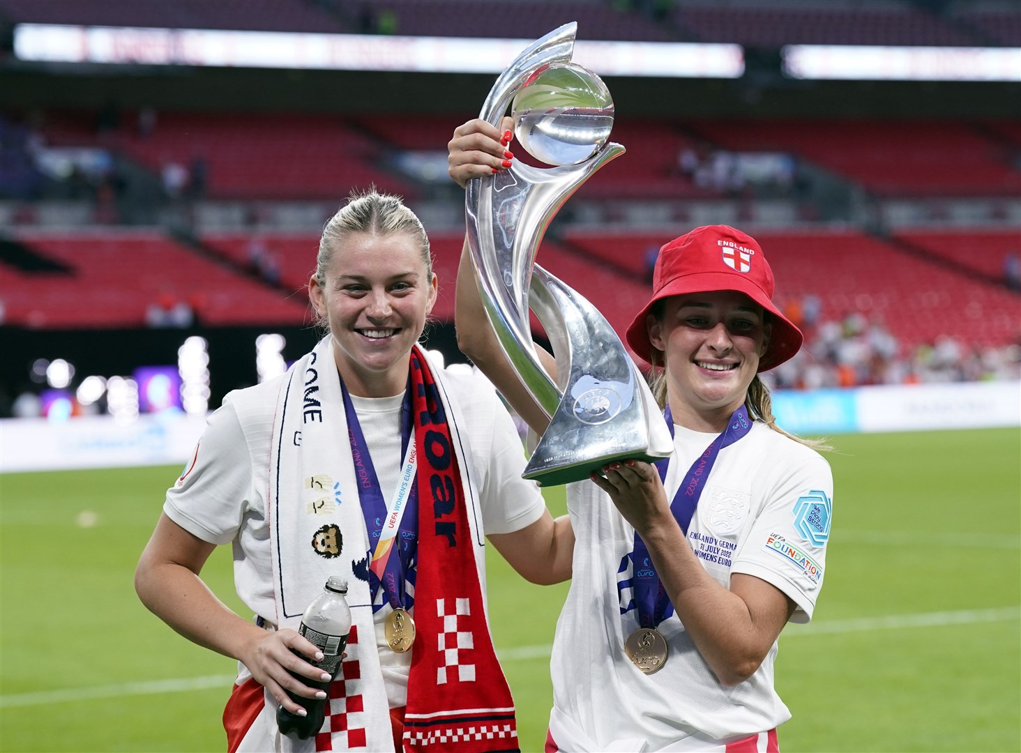 England’s Alessia Russo (left) and Ella Toone will lift the Euro 2022 trophy again during a celebration in Trafalgar Square on Monday (Danny Lawson/PA) 