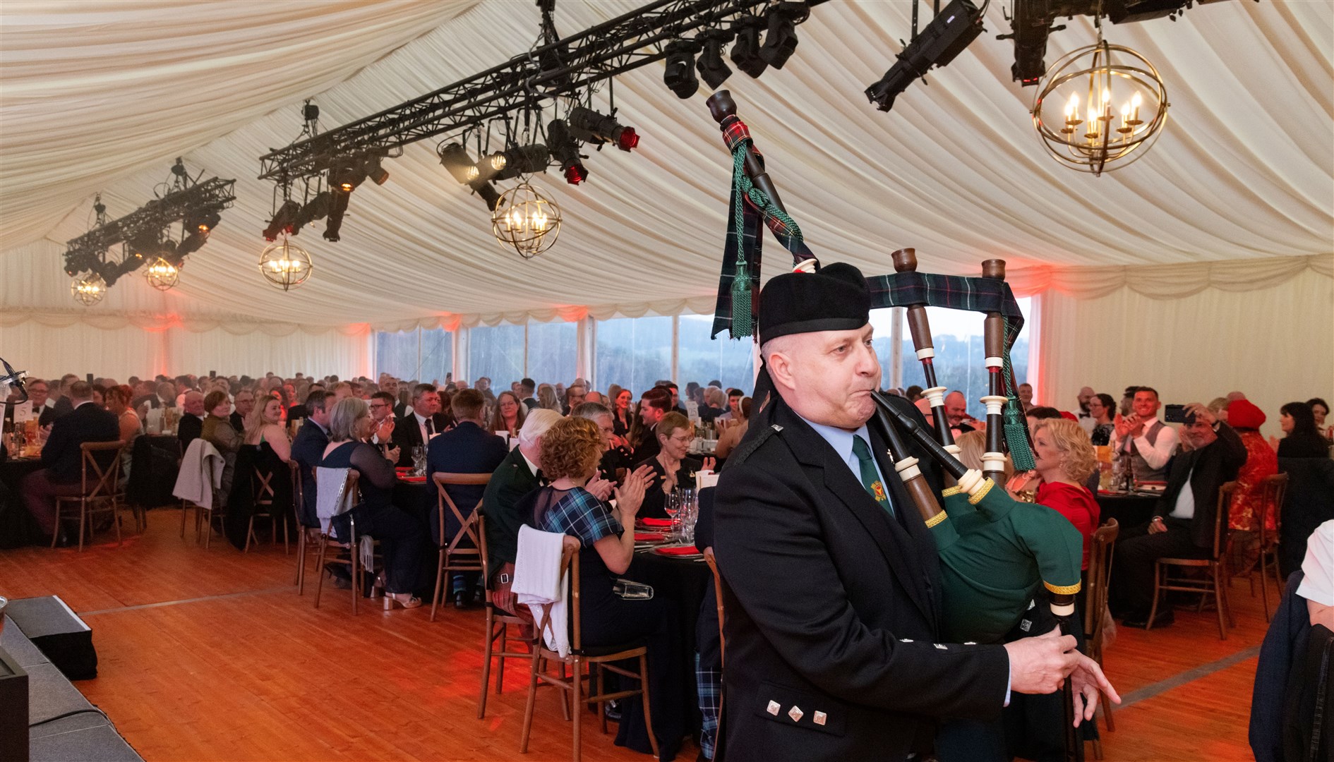 Pipe Major Richard Anderson. Spirit of Speyside Whisky Festival Opening Dinner 2024 held at The Macallan Distillery Estate. Picture: Beth Taylor