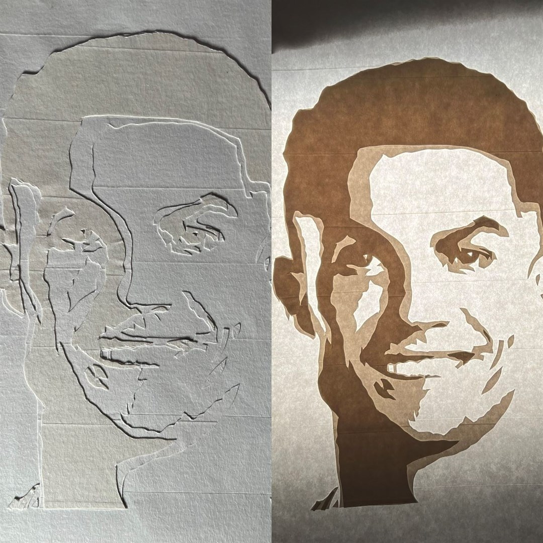 Ronaldo tape art created by Matt Palandra before and after light is added to it (themagicmatt/PA)