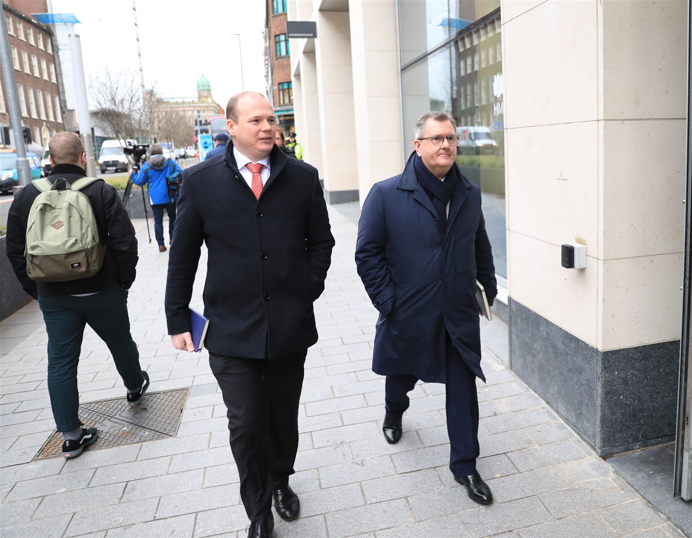 DUP leader Sir Jeffrey Donaldson, right, in Belfast for talks with Foreign Secretary James Cleverly, Northern Ireland Secretary Chris Heaton-Harris and other political party members on Wednesday (Peter Morrison/PA)