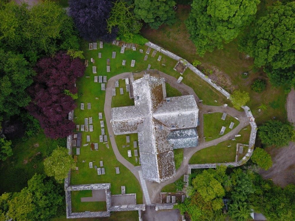An aerial view of Cullen Auld Kirk and its graveyard.