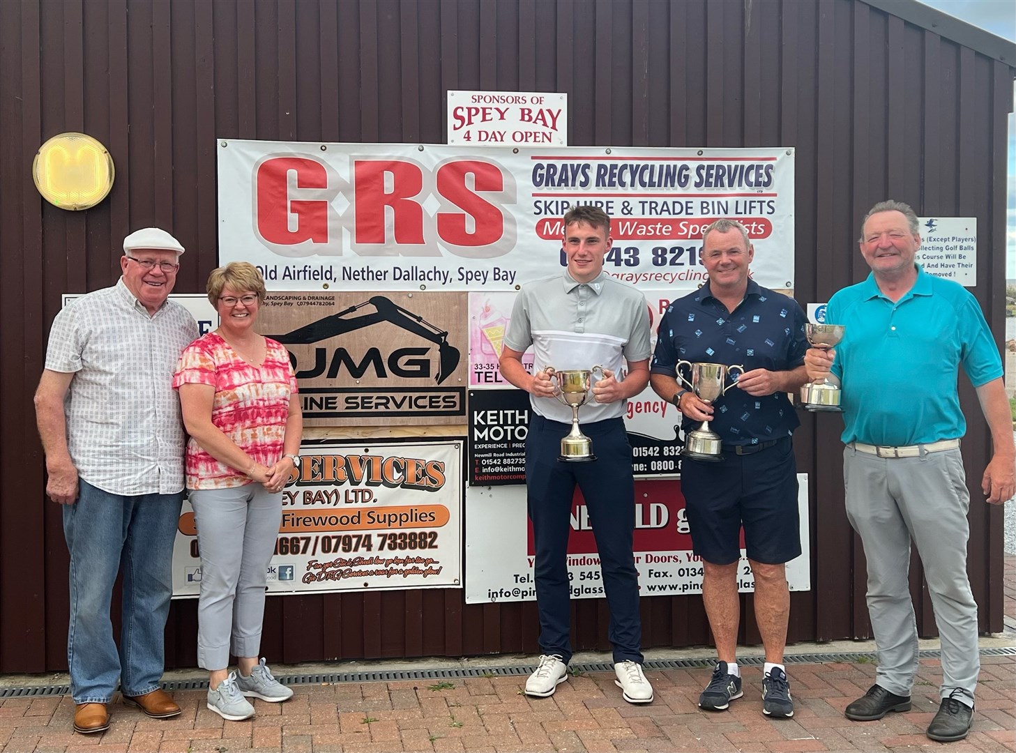 (From left) Jim Gordon, Mrs Lorna Gray of Gray's Recycling Services, Section 2 winner James Leslie, Scratch winner Richard Cormack and Section 1 winner Alf Bryce-Maynard. Picture: Spey Bay GC.