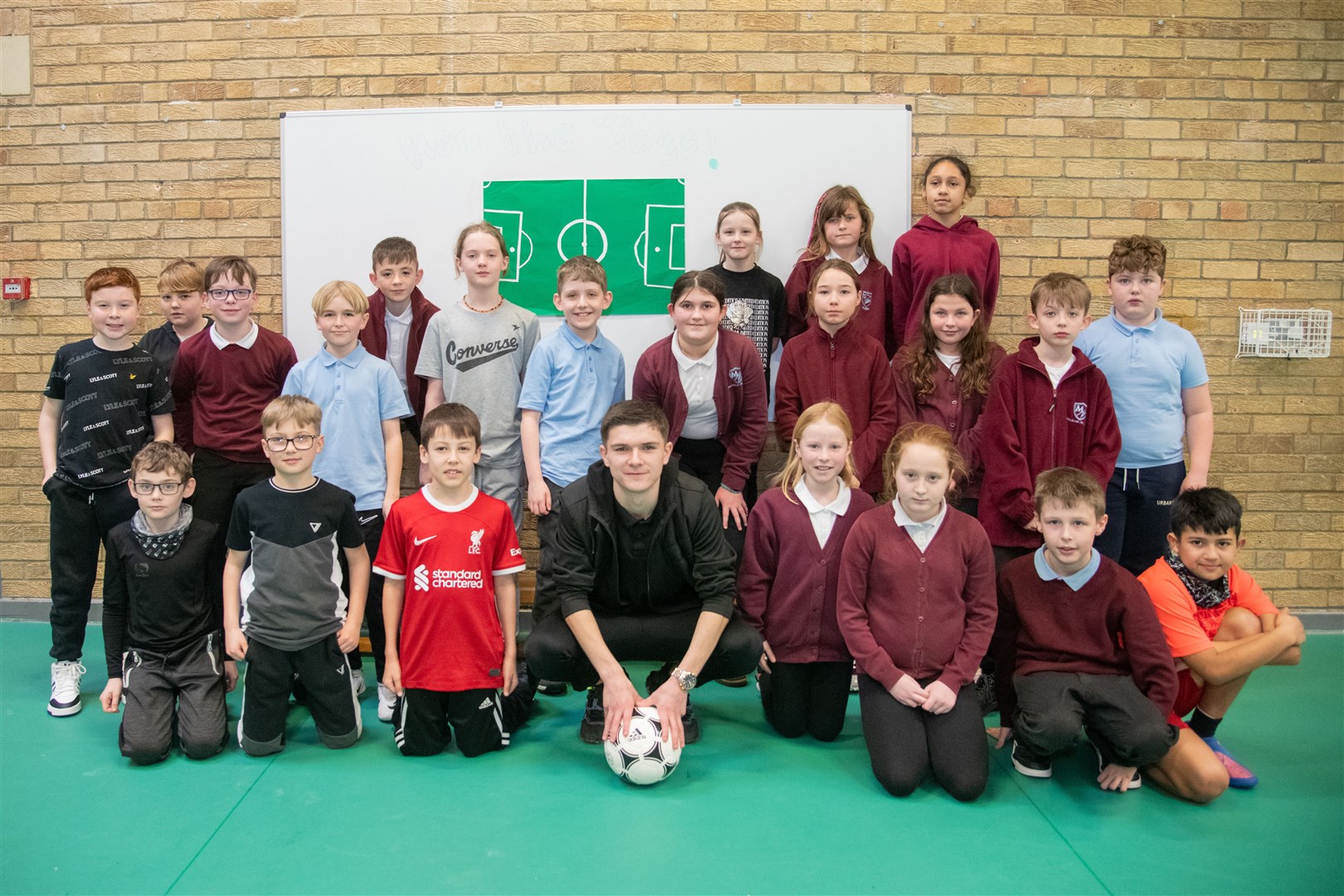 Local boy and Buckie Thistle forward Marcus Goodall visits Millbank Primary School in Buckie ahead of the Jags Scottish Cup tie against Celtic. ..Picture: Daniel Forsyth..