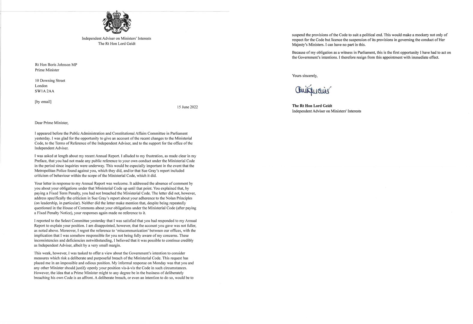 Lord Geidt’s resignation letter to Boris Johnson (Downing Street/PA)