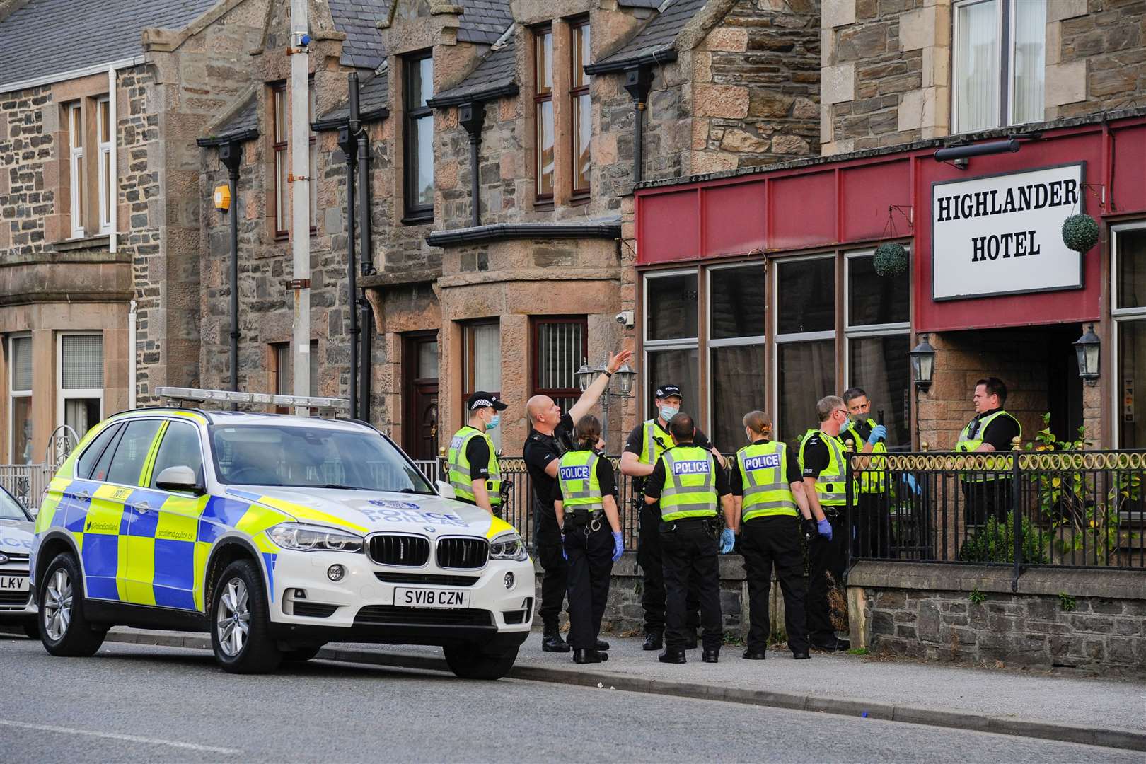A large police presence at the Highlander Hotel on Buckie's East Church Street in the early evening of Sunday, September 20. Picture: Eric Cormack.