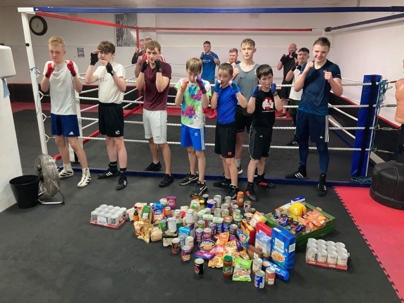 Elgin Amateur Boxing Club raised £300 and food, pictured, for Moray Food Plus.