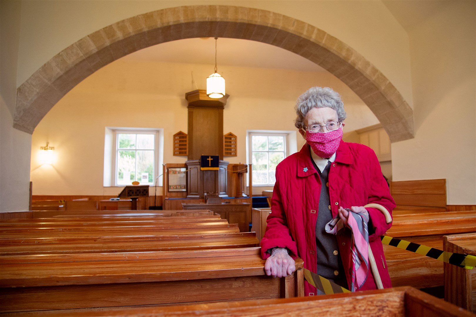 Flora Christie (99) back in Spynie Kirk for the first time in months. Picture: Daniel Forsyth