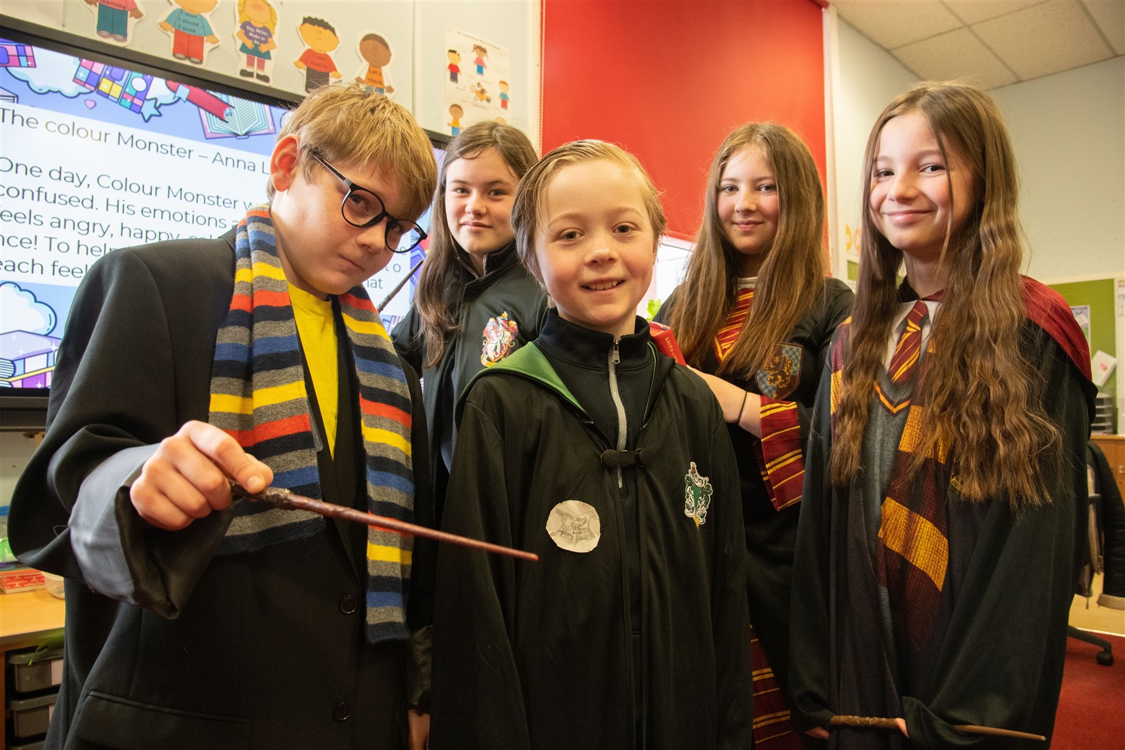 A quintet of Harry Potter stars, from left, Aaron McDougall, Isla Johnston, Cameron Turnidge, Aaliyah Ali and India Craig. Picture: Daniel Forsyth..