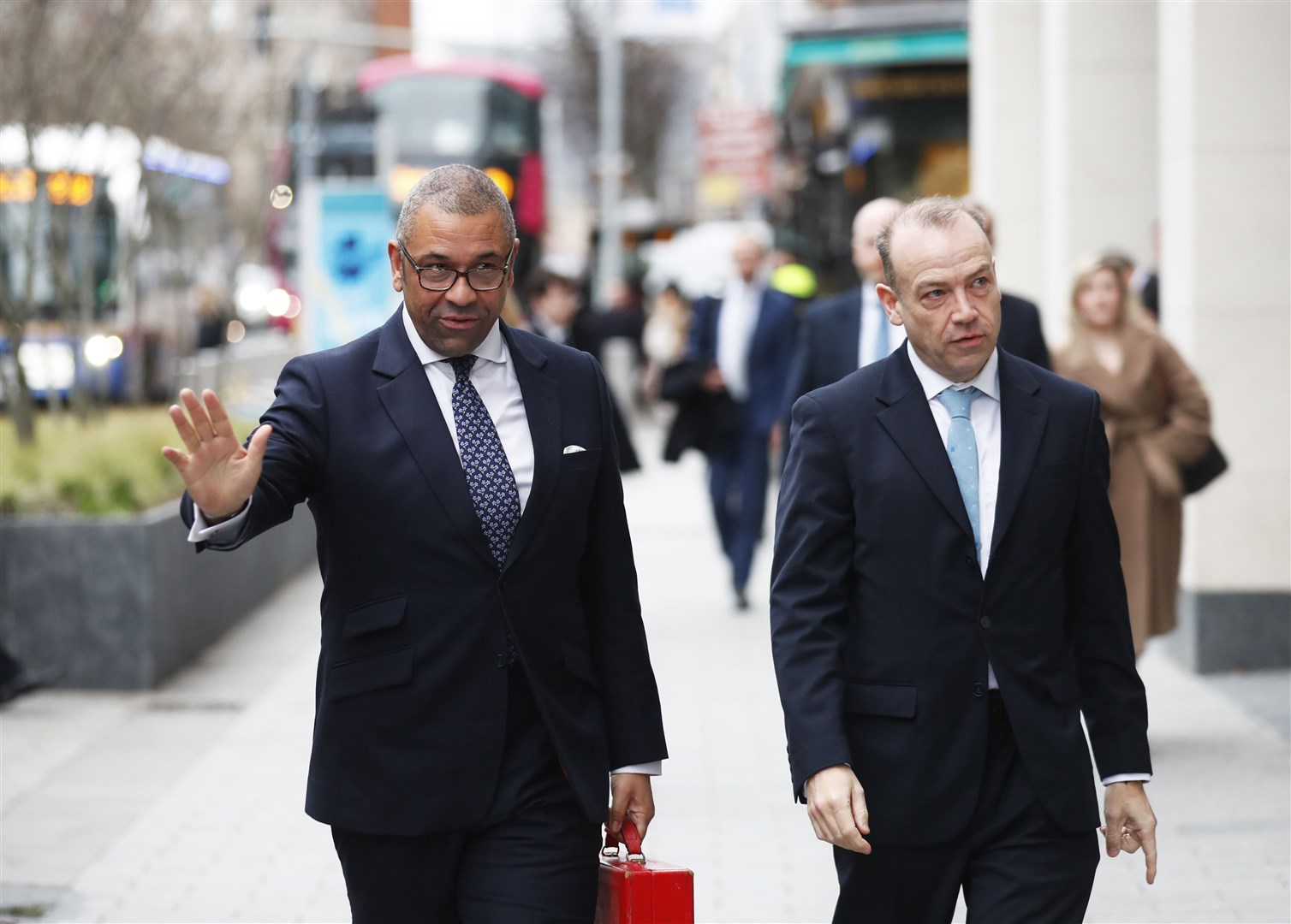 Foreign Secretary James Cleverly (left) with Northern Ireland Secretary Chris Heaton-Harris before a meeting with political members of the Democratic Unionist Party, Ulster Unionist Party and Alliance at government buildings in Belfast city centre. (Peter Morrison/PA)