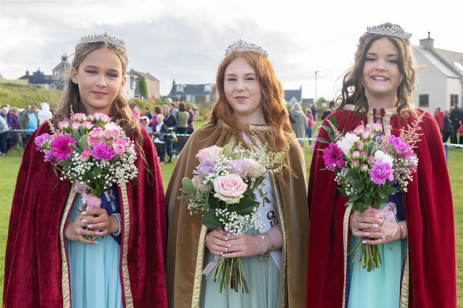From left: Gala Princess Emma Fiske, Gala Queen Darcy Ralph and Gala Princess Pearl Hay...Hopeman Gala 2023. ..Picture: Beth Taylor.