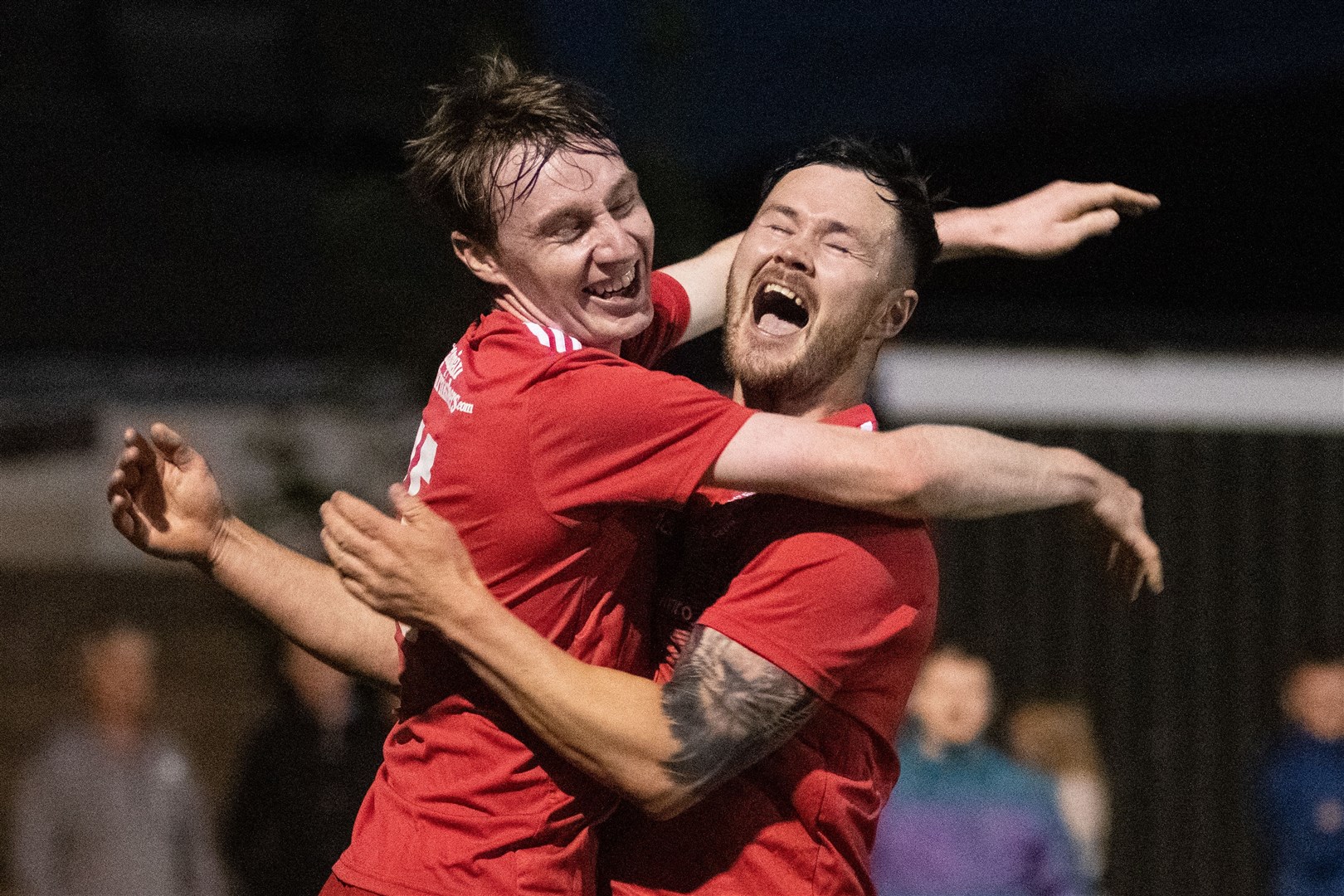 Lossiemouth's Baylee Campbell (left) celebrates his goal with Adam Macleod...Lossiemouth FC (4) vs Strathspey Thistle (2) - Highland Football League 22/23 - Grant Park, Lossiemouth 24/08/2022...Picture: Daniel Forsyth..