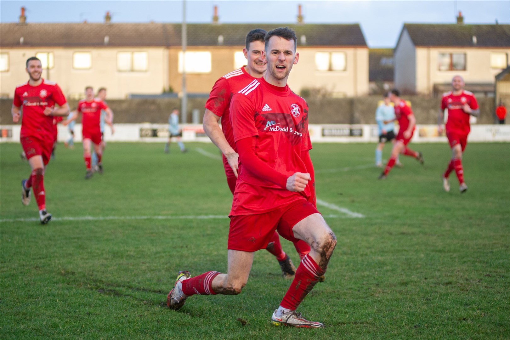 Get in there! Joy for Ryan Farquhar after his Lossiemouth opener. Picture: Daniel Forsyth..