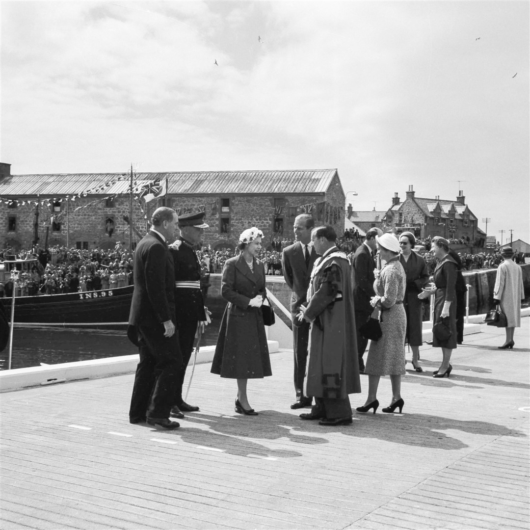 The Queen meets local dignitaries at Lossiemouth Harbour during a visit in August, 1961. Picture: The Northern Scot archive