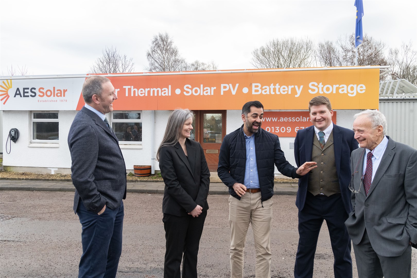 From left: Campbell MacLennan, Lynn Davidson, First Minister Humza Yousaf, Jamie Di Sotto and George Goudsmit. First Minister Humza Yousaf visits AES Solar in Forres...Picture: Beth Taylor