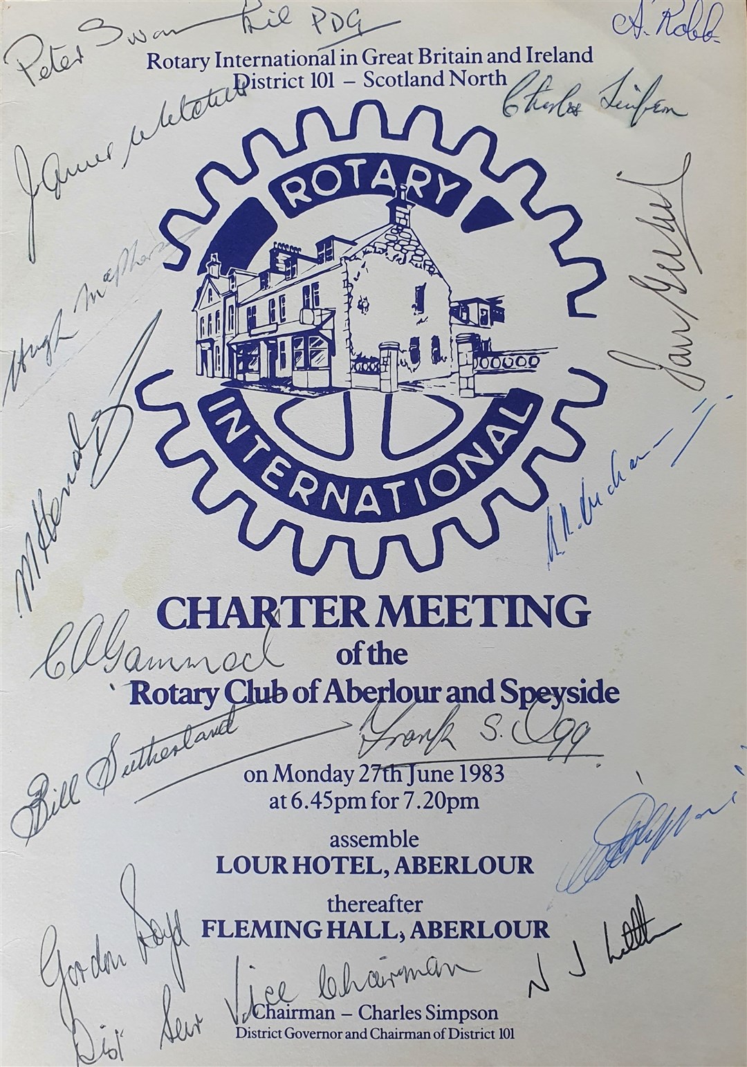 A poster for the Speyside Rotary Club's first ever meeting, 39 years ago.