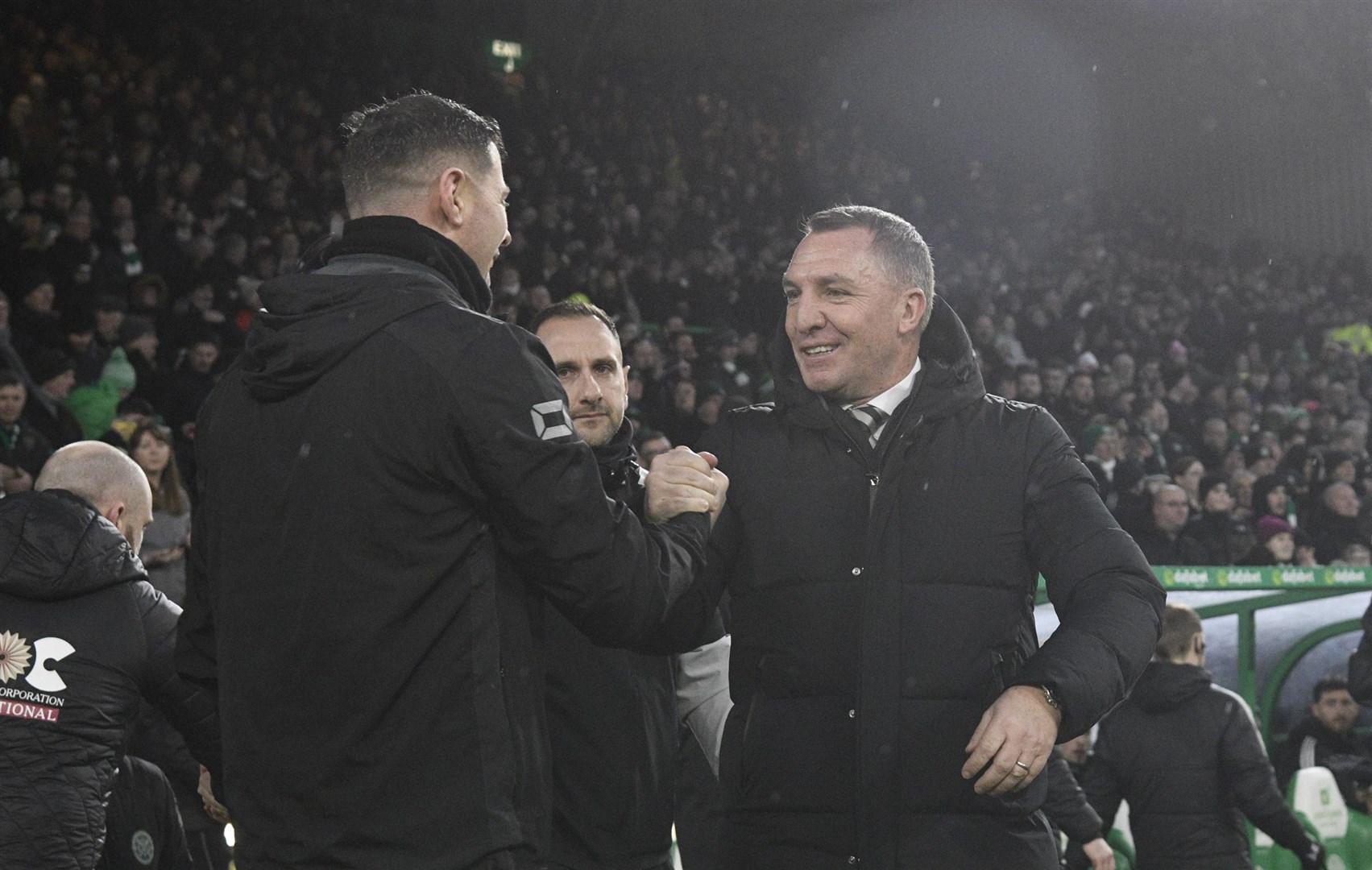 Celtic manager Brendan Rodgers and Buckie Thistle boss Graeme Stewart embrace at Parkhead. Picture: Daniel Forsyth