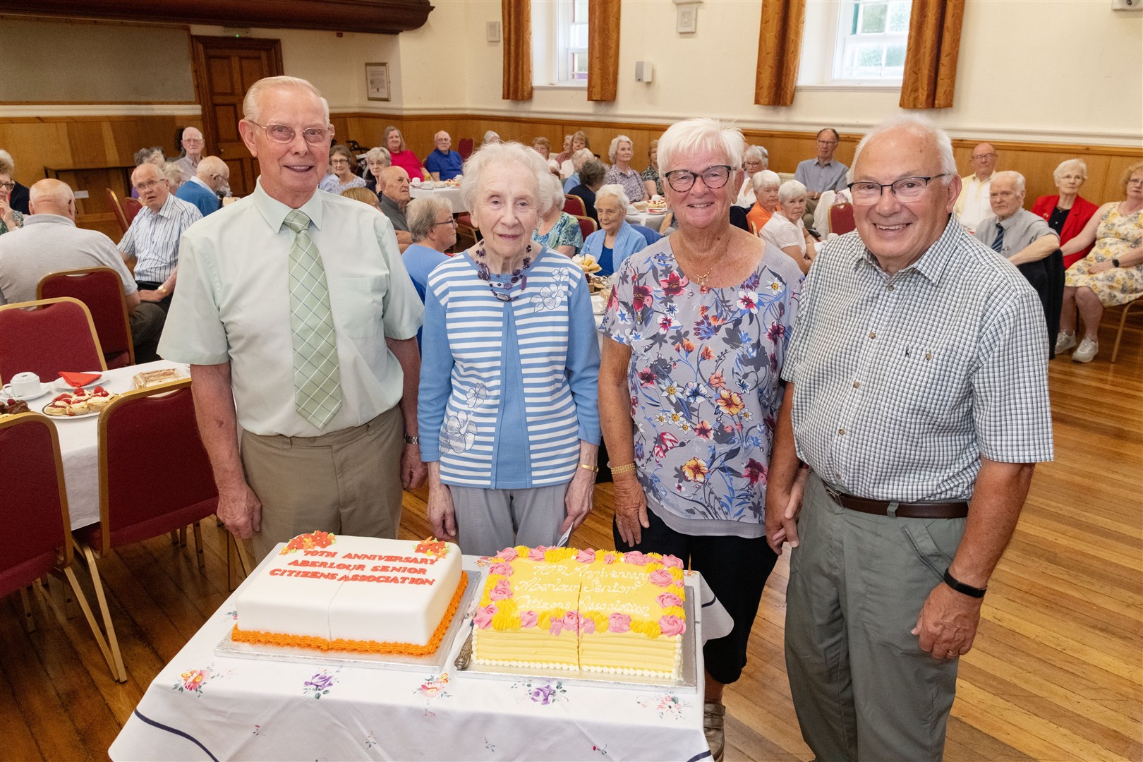 From left: Bill Taylor (Secretary), Margaret Stronach (President), Tina Hickson (Treasurer) and Stuart Hickson (Vice-President) at the 70th anniversary of the Aberlour Senior Citizens Association at Fleming Hall...Picture: Beth Taylor.