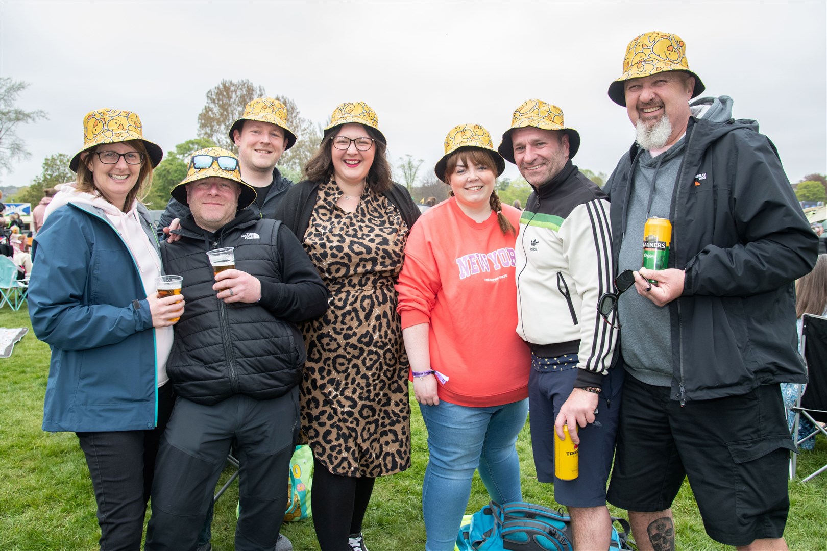 Up for a laugh with their matching duck hats. MacMoray Music Festival 2024, held at Cooper Park, Elgin. Picture: Daniel Forsyth.