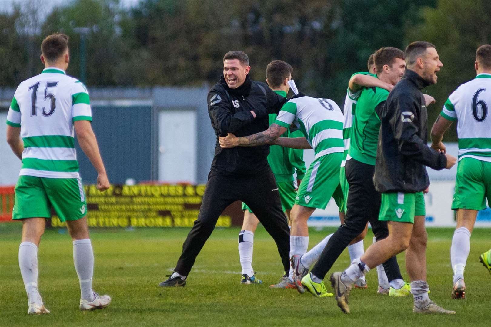 Celebrations at full time after the Buckie Jags progress to the final. ..Picture: Daniel Forsyth..