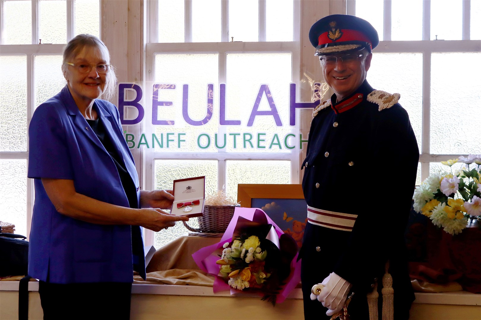 Jenny Lee BEM, Beulah drop-in café founder, with Banffshire Lord Lieutenant Andrew Simpson at Banff's St Andrew's Episcopal Church Hall.