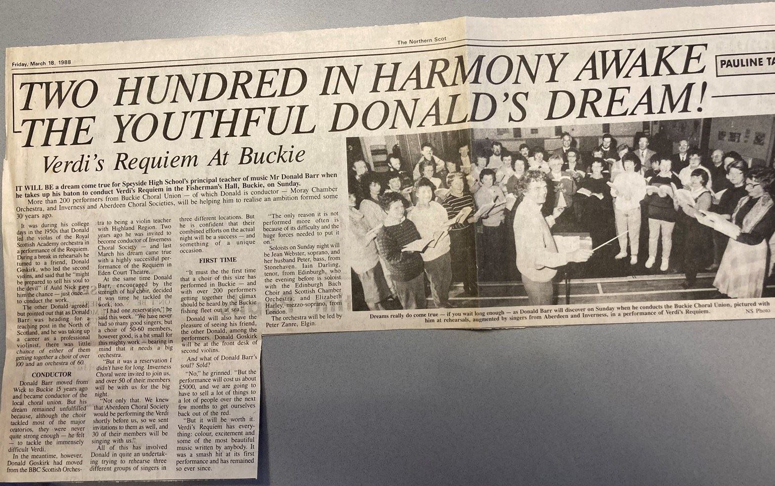 An article from 1988 in the Northern Scot about Donald and the Buckie Choral Union.