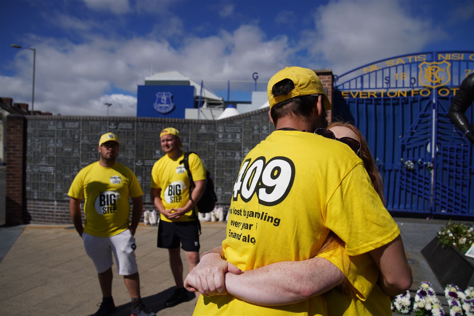 Families of gambling addict suicide victims outside Everton Football Club in Liverpool (Peter Byrne/PA)