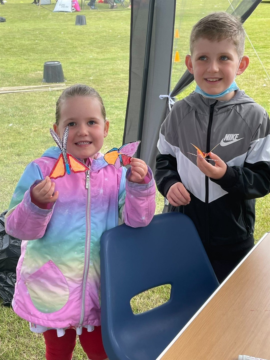 Buckie youngsters Sonny and Andie Belcher with their milk-carton moths at Elgin's Cooper Park.