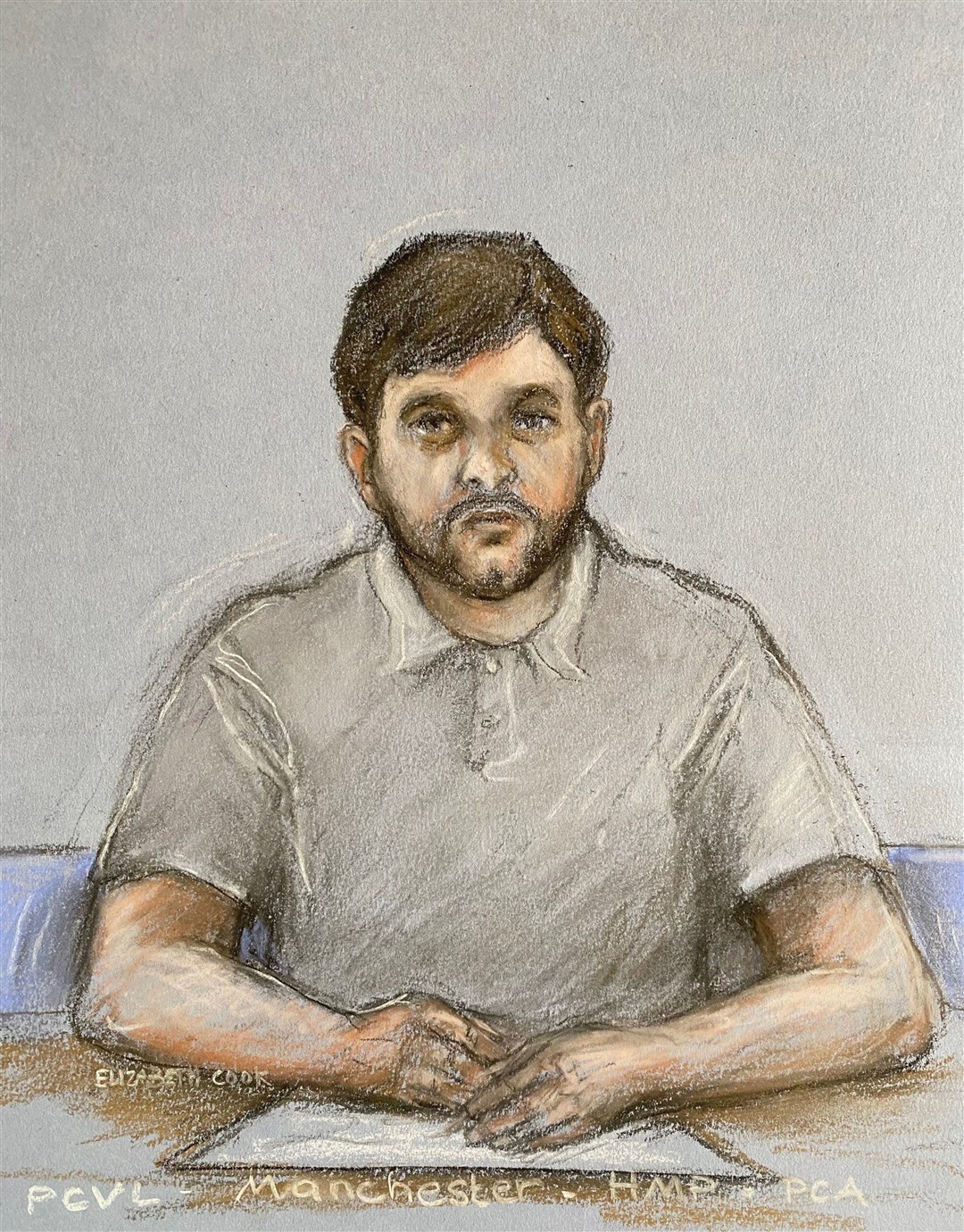Court artist sketch by Elizabeth Cook of Thomas Cashman appearing via video link at Liverpool Crown Court in February (Elizabeth Cook/PA)