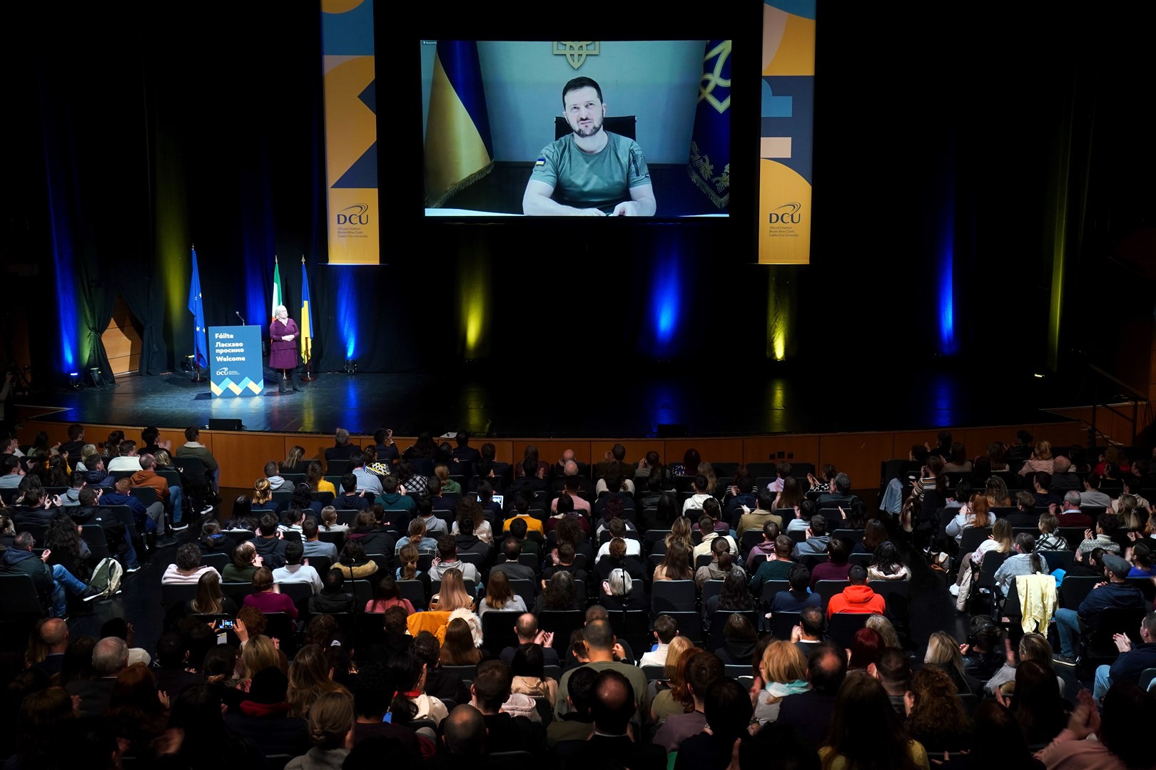 Ukraine president Volodymyr Zelensky during an address to Ireland’s third-level sector via video link at the Helix in Dublin City University (Brian Lawless/PA)