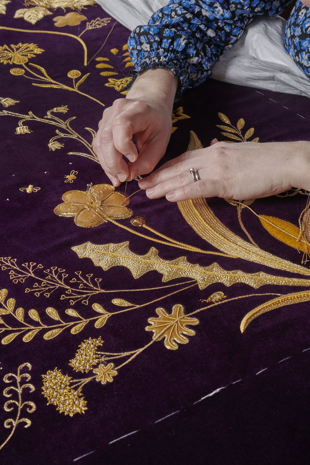 The Royal School of Needlework hand embroidering the Queen Consort’s new Robe of Estate (Royal School of Needlework/PA)