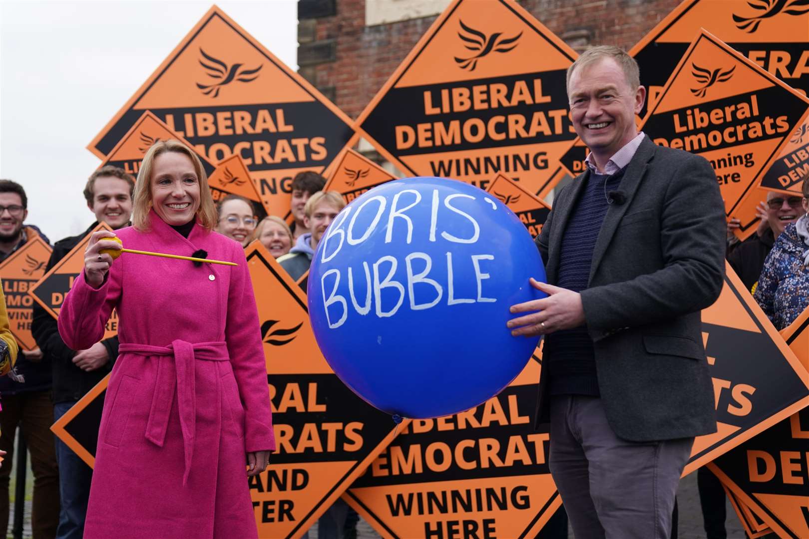 Newly elected Liberal Democrat MP Helen Morgan bursts ‘Boris’ bubble’ as she celebrates her victory (Jacob King/PA)