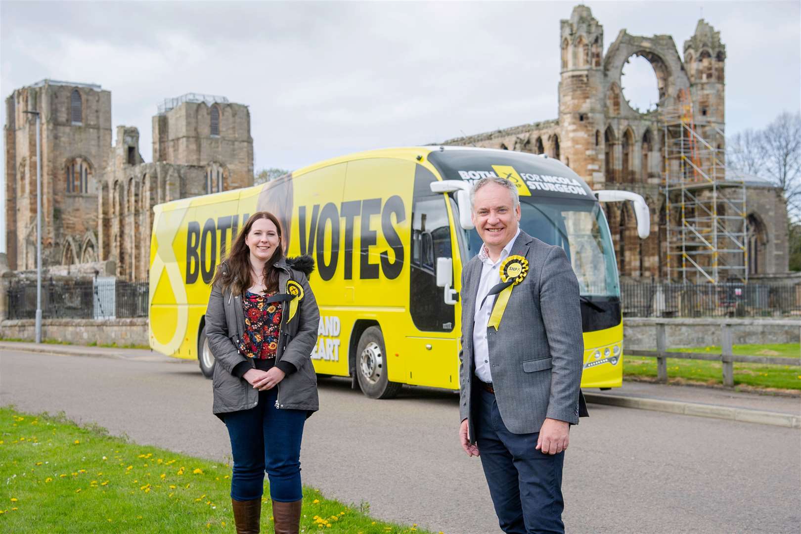 Moray SNP candidate Richard Lochhead is joined by SNP List candidate Emma Roddick as the SNP Campaign Bus arrives at Elgin Cathedral...Picture: Daniel Forsyth..