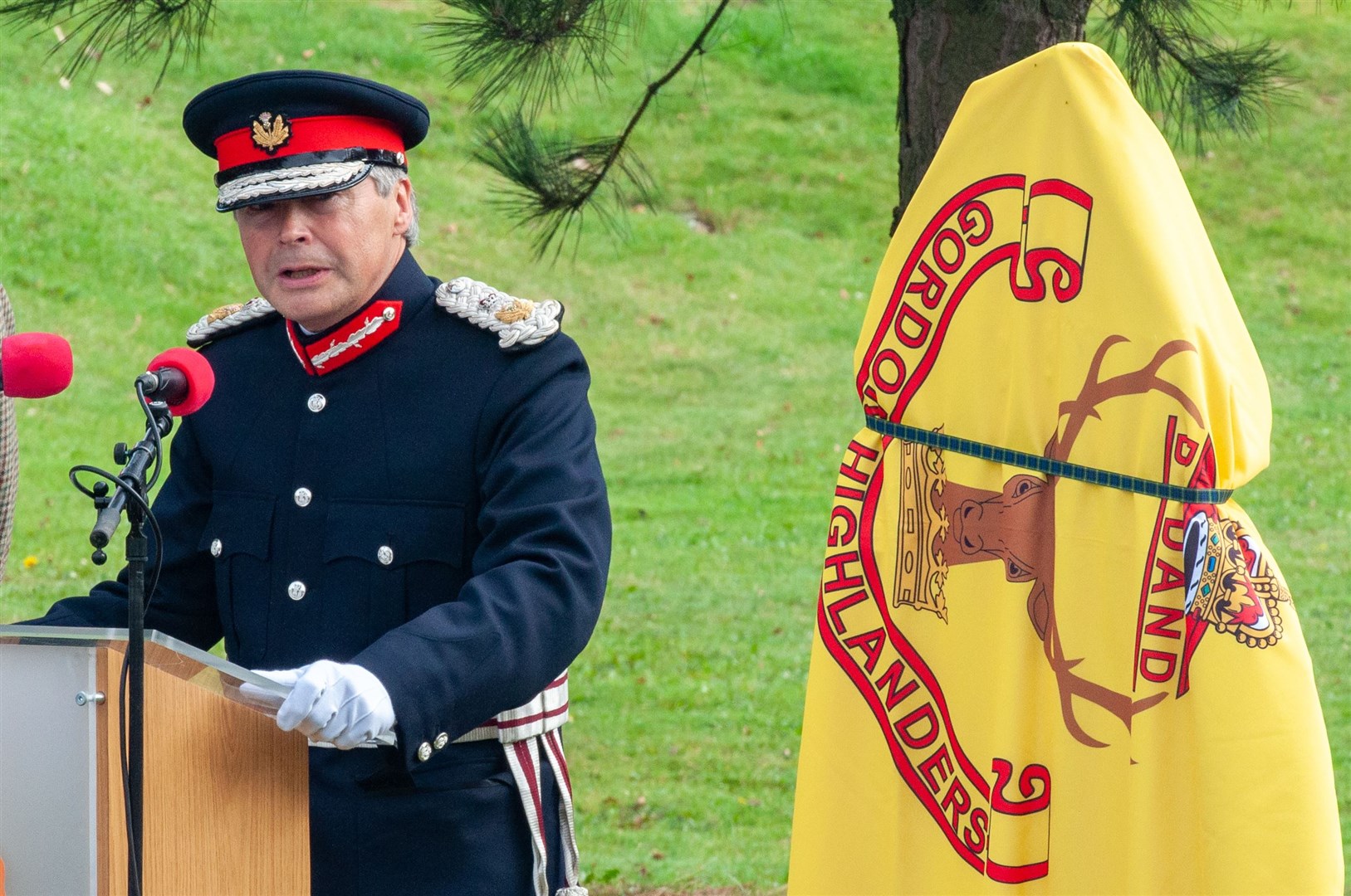 The Lord Lieutenant of Aberdeenshire Alexander Manson gives his address at the Gordon Highlanders new memorial. Pictures: James Finlay