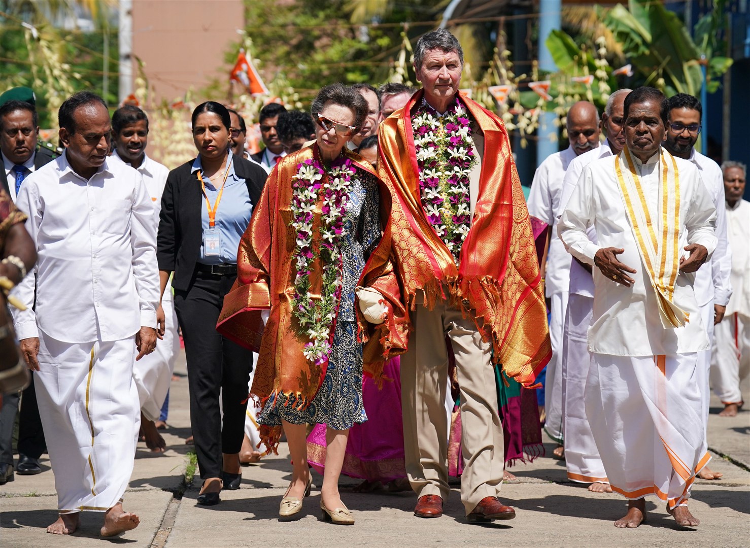 The Princess Royal and her husband Vice Admiral Sir Timothy Laurence during a visit to Vajira Pillayar Kovil Hindu temple in Colombo, Sri Lanka, on day three of their visit to the country (Jonathan Brady/PA)