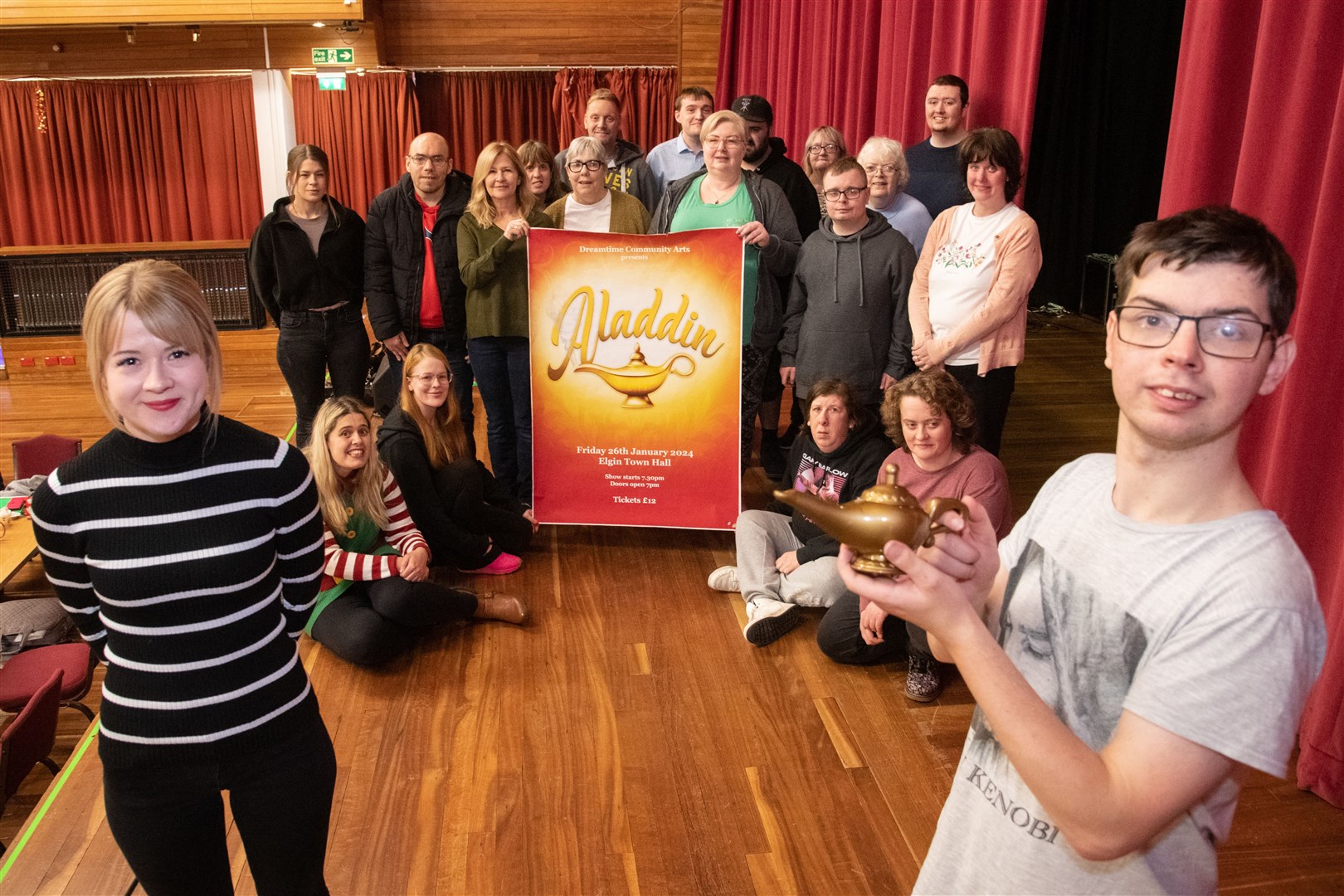 Sophie McKay, who plays Princess Jasmine and Kai Wood who plays Aladdin are joined by the rest of the cast. ..Dreamtime Community Arts, based in Elgin, are performing Aladdin on January 26 at Elgin Town Hall. ..Picture: Daniel Forsyth..