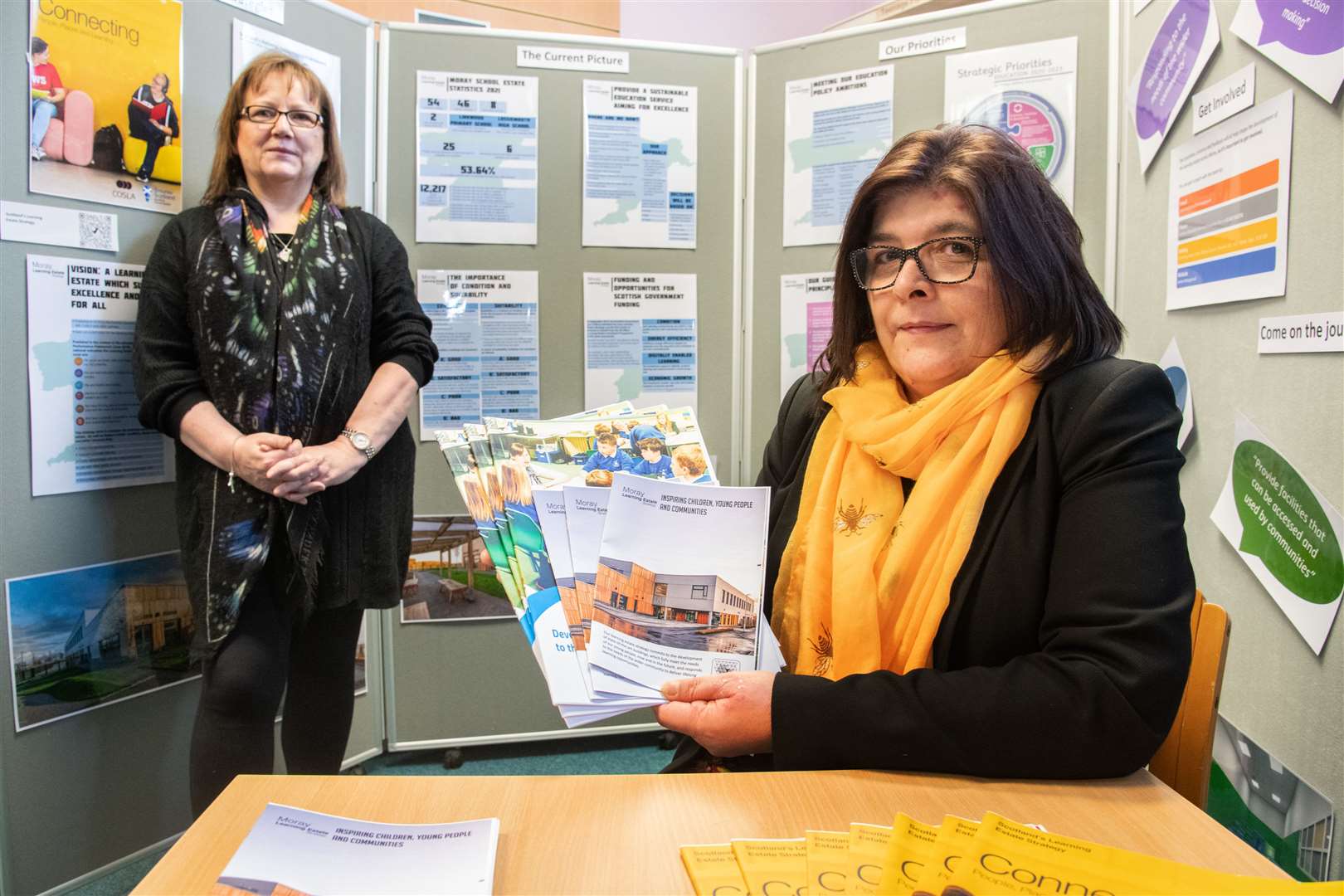 Moray Council education committee chairwoman Councillor Sonya Warren (left) and community support officer Jane Martin with some of the information material available at the Buckie drop-in session. Picture: Daniel Forsyth