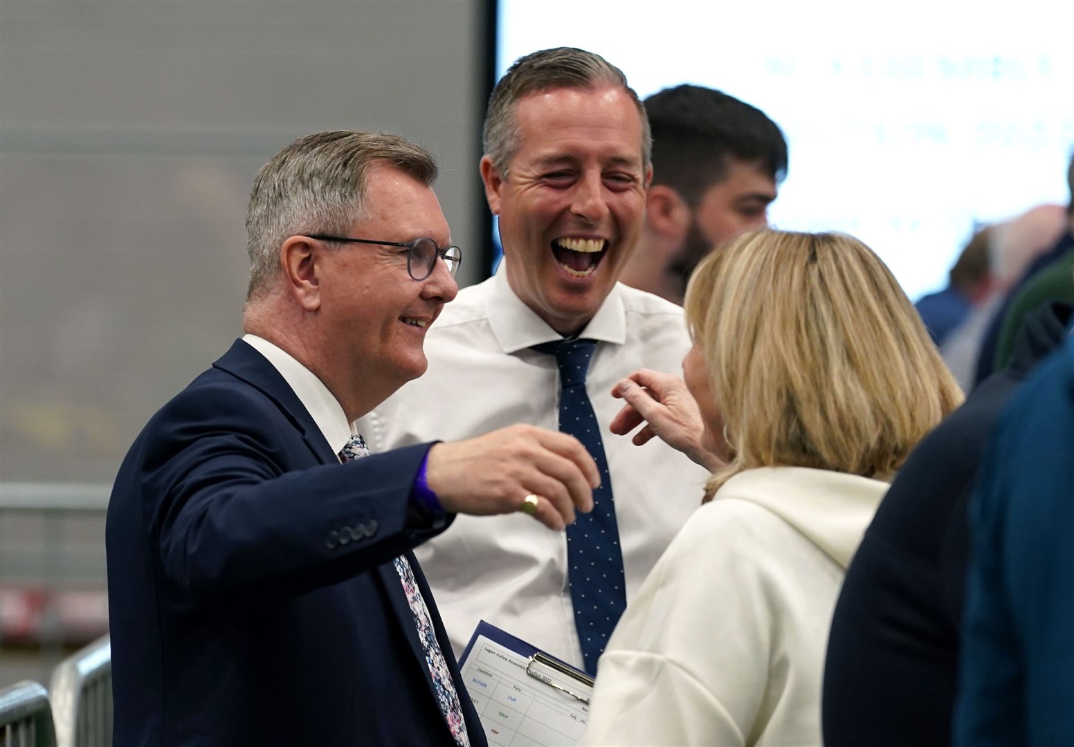 DUP candidates Sir Jeffrey Donaldson and Paul Givan at Ulster University’s Jordanstown count centre in Newtownabbey (Brian Lawless/PA)