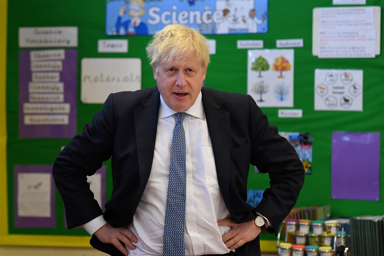 Prime Minister Boris Johnson during a visit to Field End Infant school in South Ruislip, following the local government elections (Daniel Leal/PA)