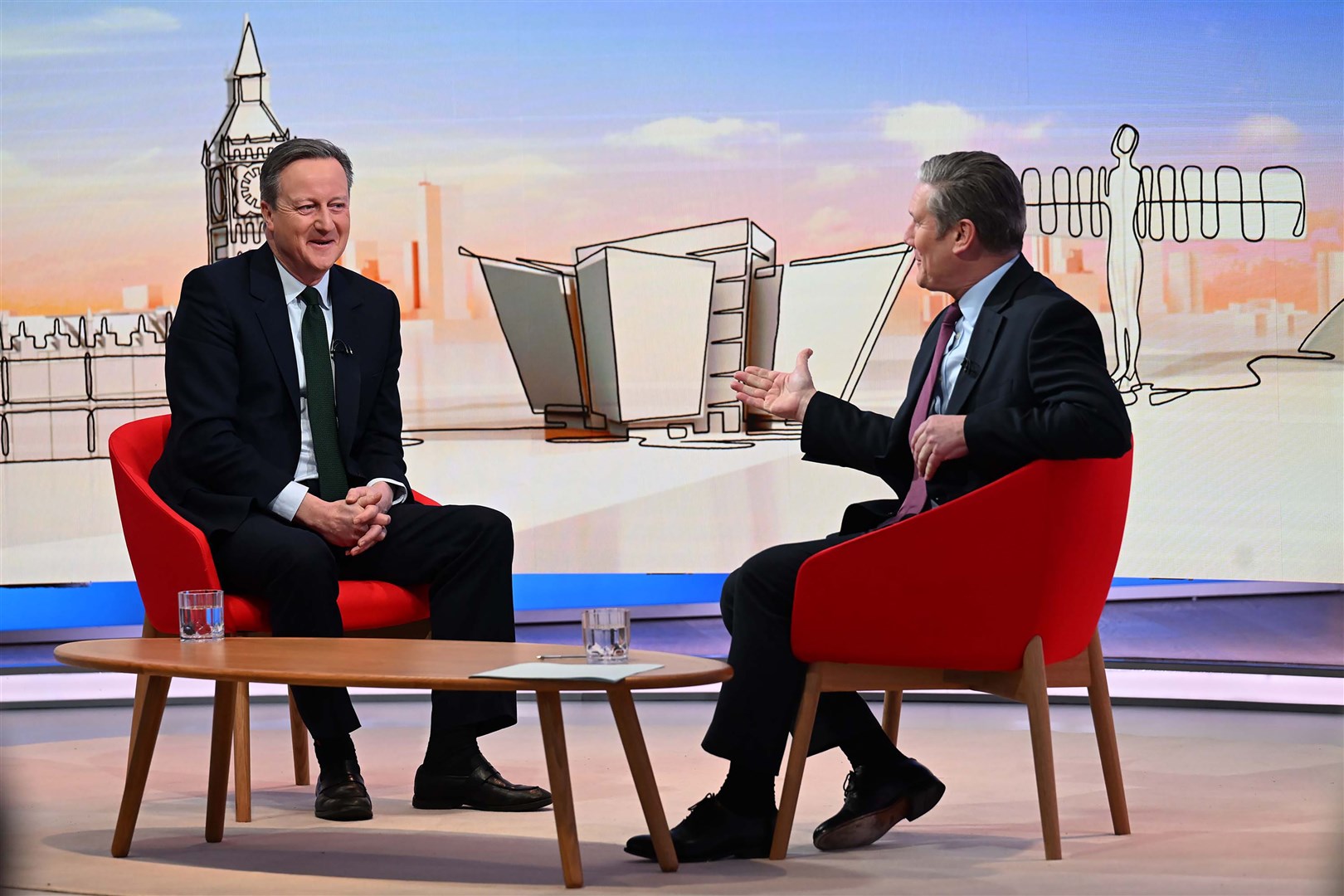 Foreign Secretary Lord Cameron and Labour leader Sir Keir Starmer on the BBC1 current affairs programme, Sunday with Laura Kuenssberg (Jeff Overs/BBC/PA)